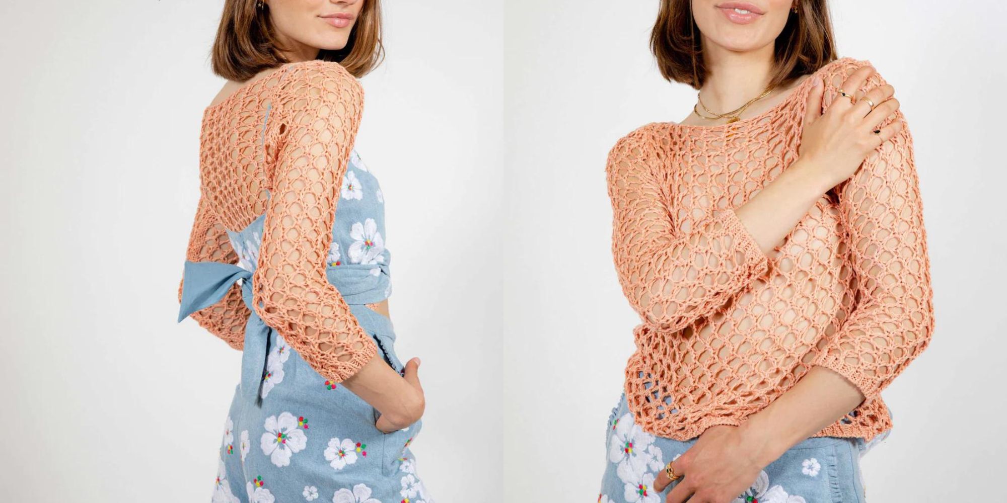 A sheer peach crocheted top by Mochi.