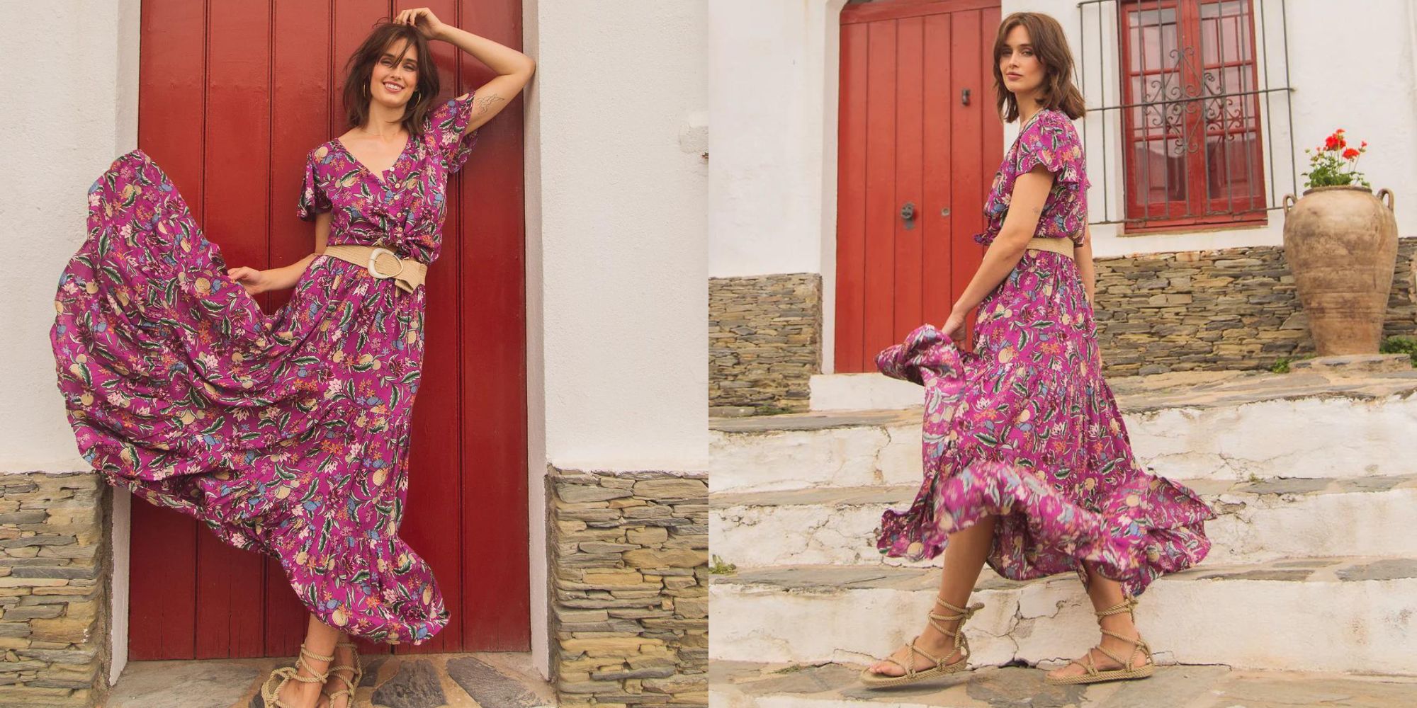 Magenta floral print maxi skirt by TAMGA Designs.