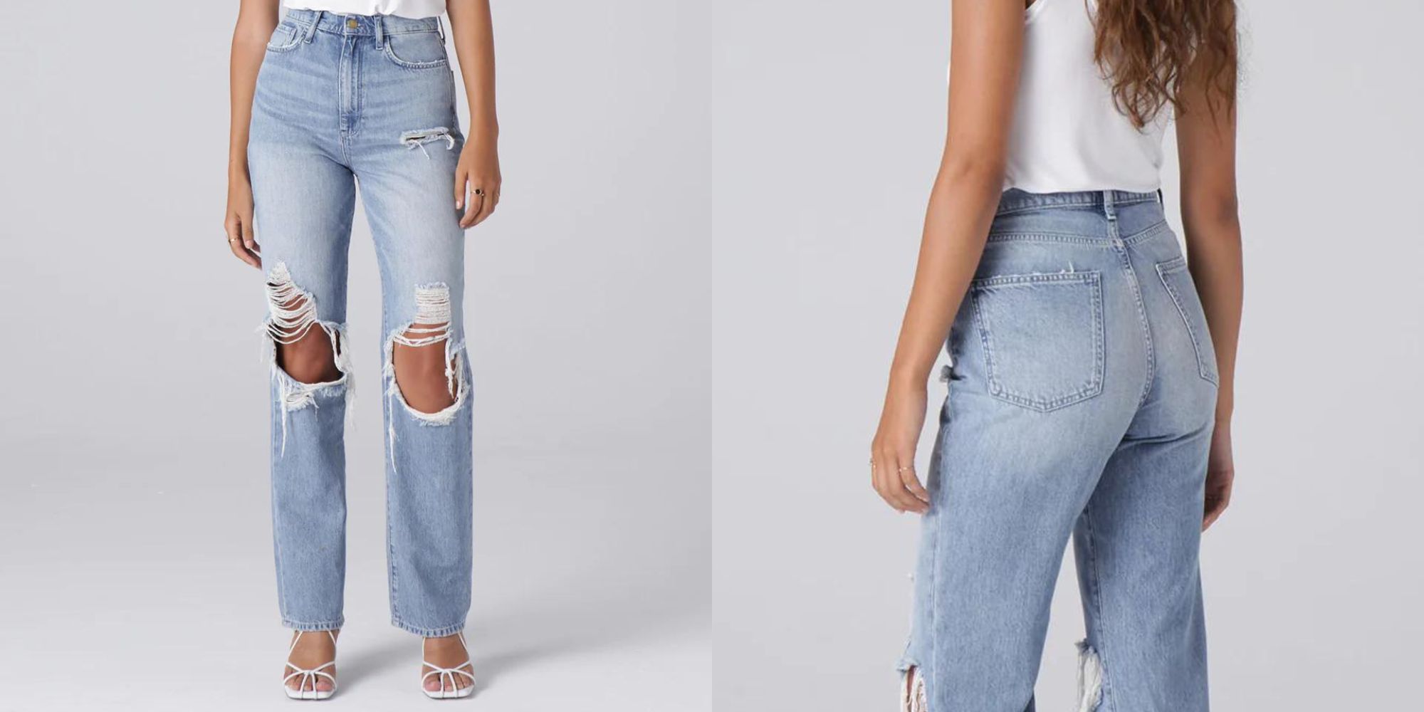 Torn light wash jeans by Triarchy.
