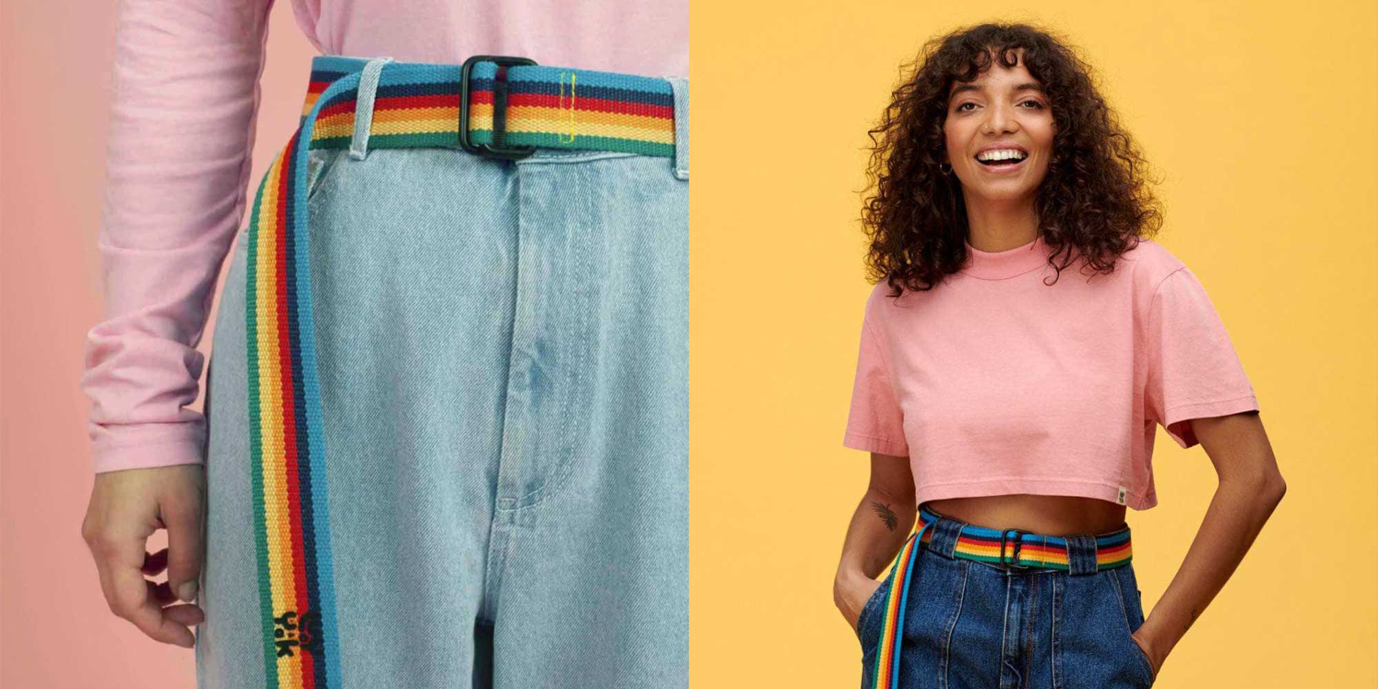 woman wearing rainbow cotton sustainable belt by Lucy & Yak brand