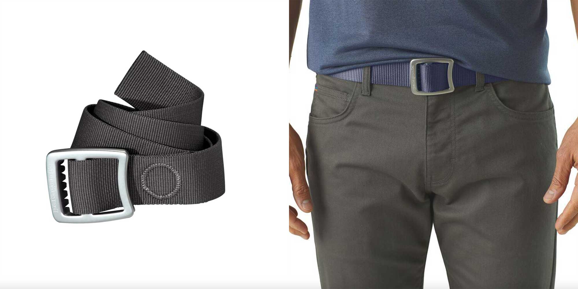 ethical belt that doubles as bottle opener in grey and blue by Patagonia