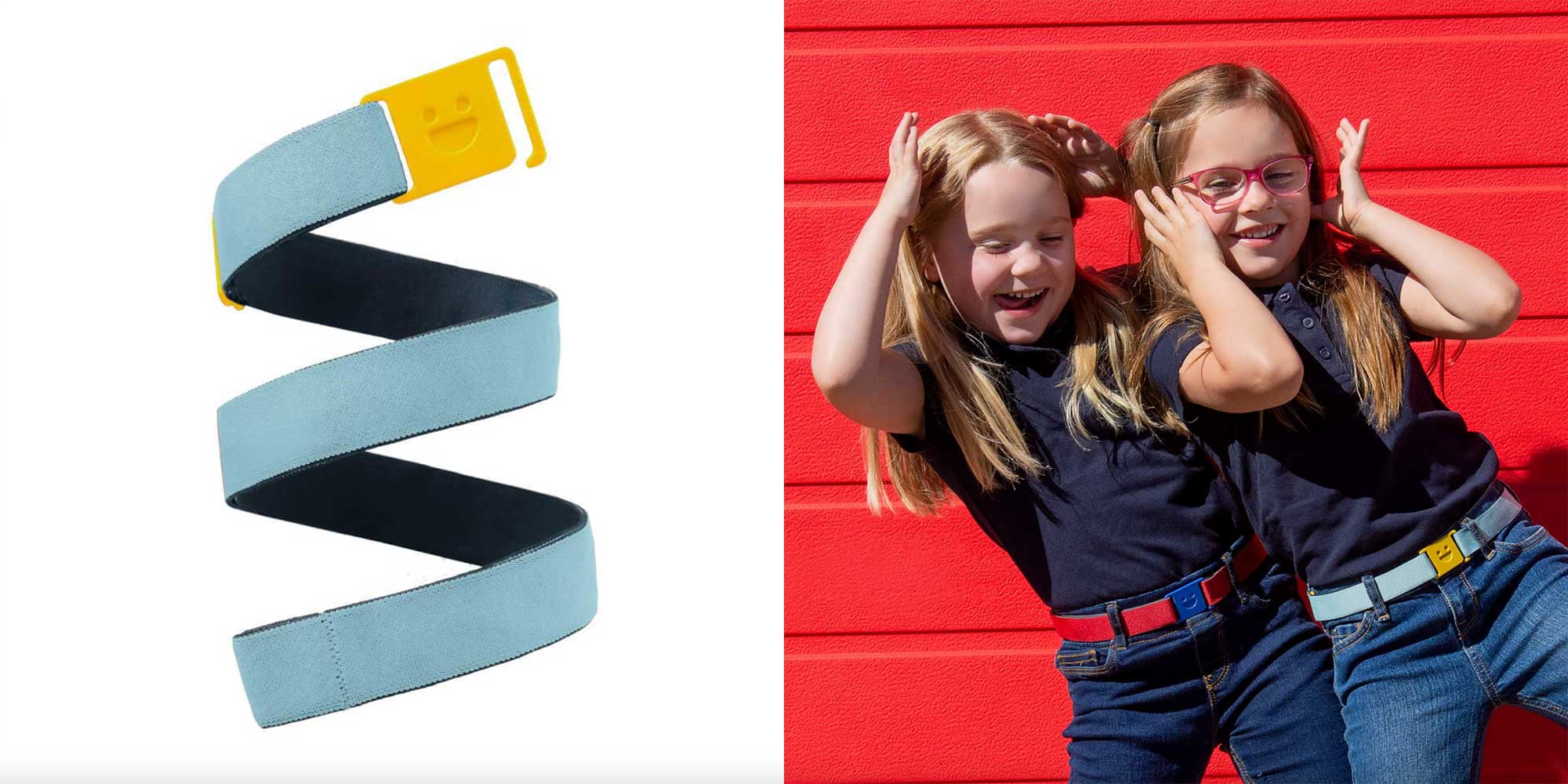 kids wearing blue and red ethically made belts by Unbelts
