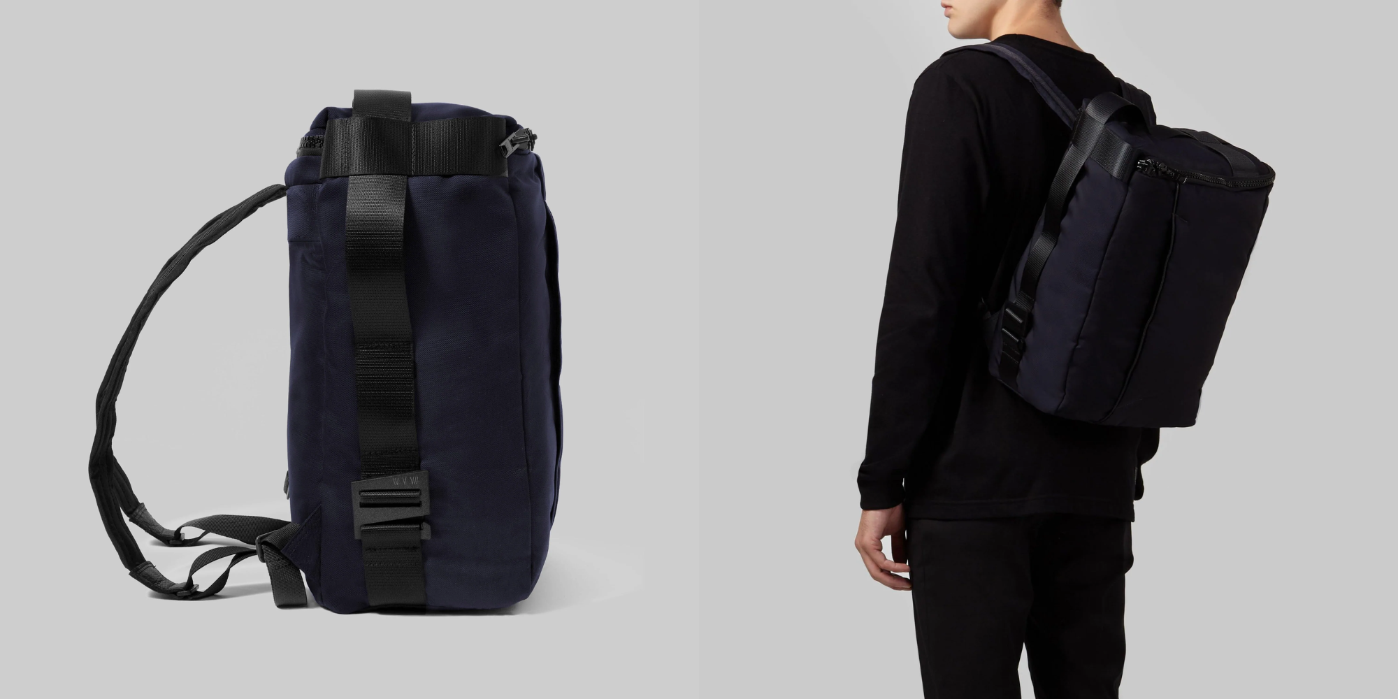 side view and back view of person wearing Wright Econyl Backpack by BEDI