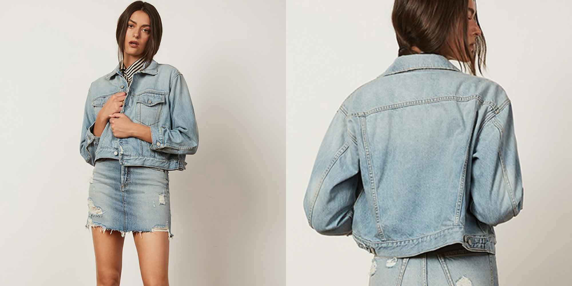 woman wearing cropped vintage style denim jacket ethically made by Boyish