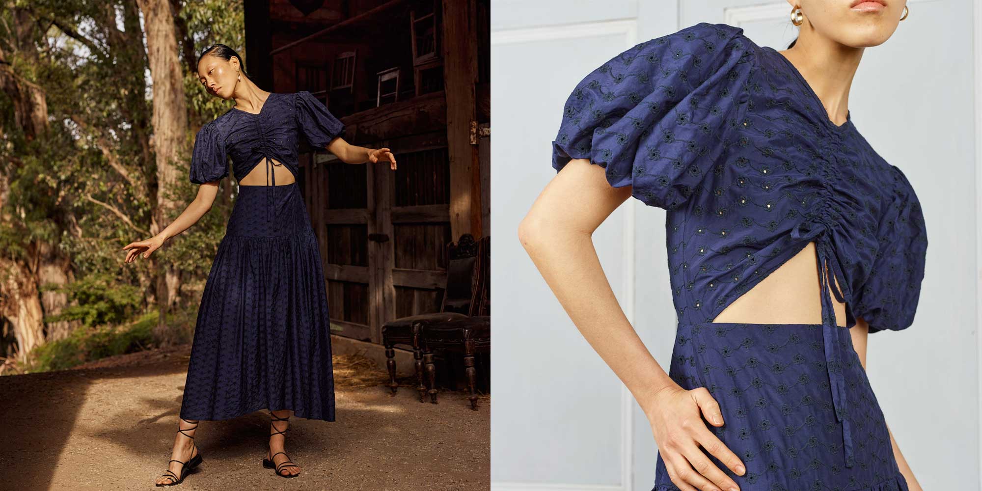 woman of colour wearing high fashion navy blue puff sleeves dress by Kalaurie