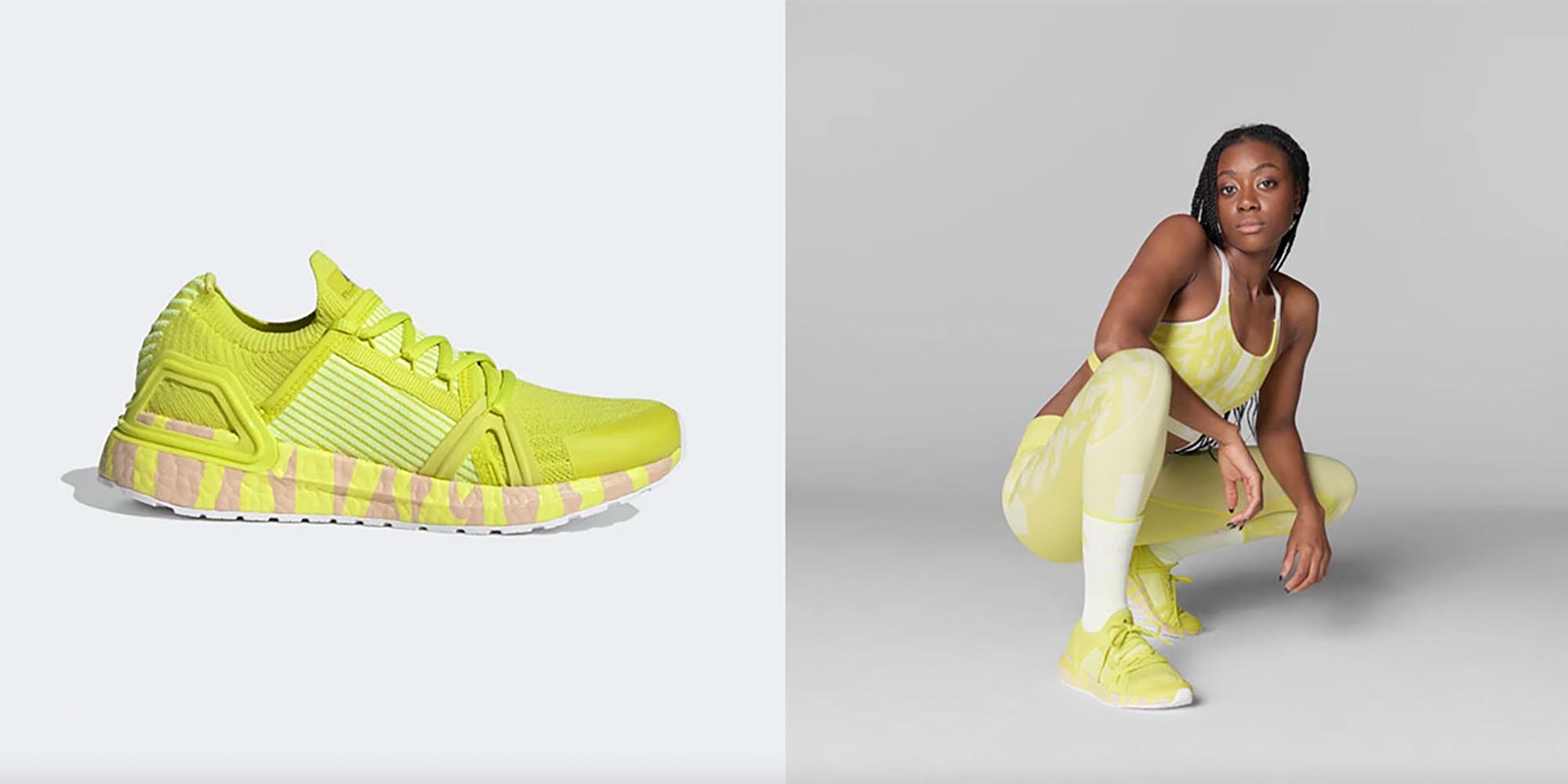 black woman wearing fluro yellow activewear and sustainable running shoes by Adidas for Stella McCartney