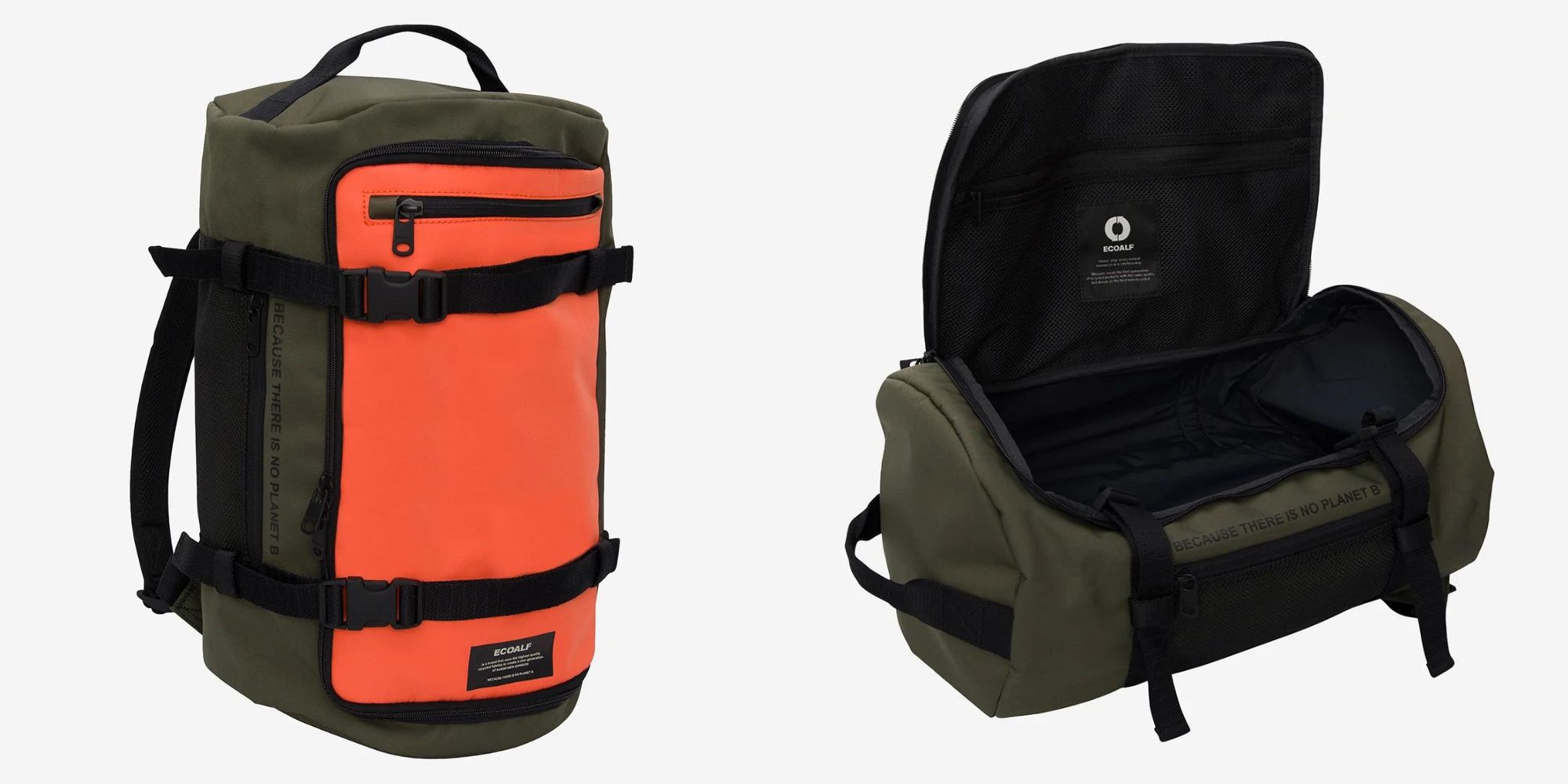 A green and red recycled polyester responsibly-made backpack by Ecoalf.