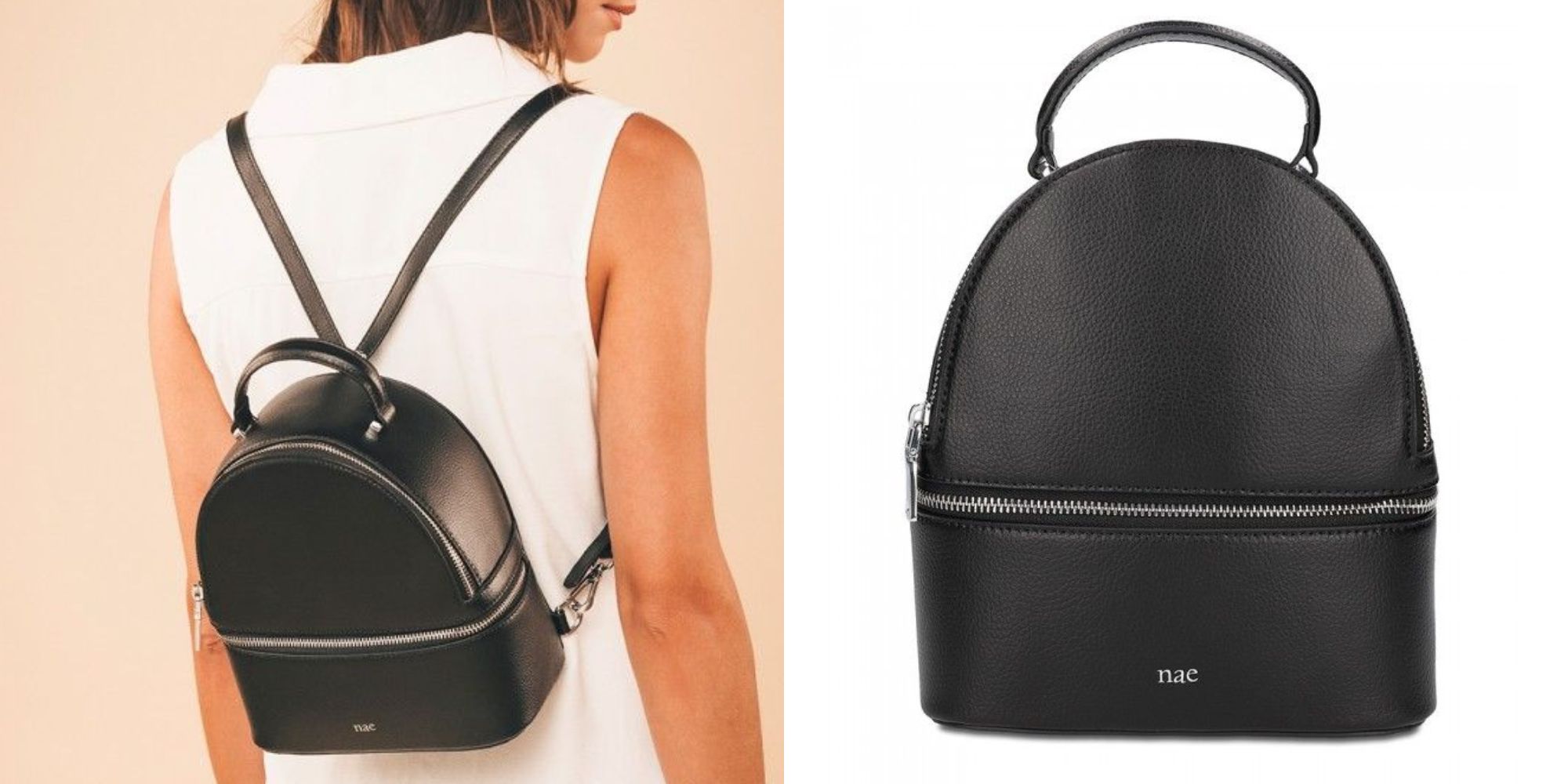 A mini black cotton and apple leather vegan backpack by NAE.