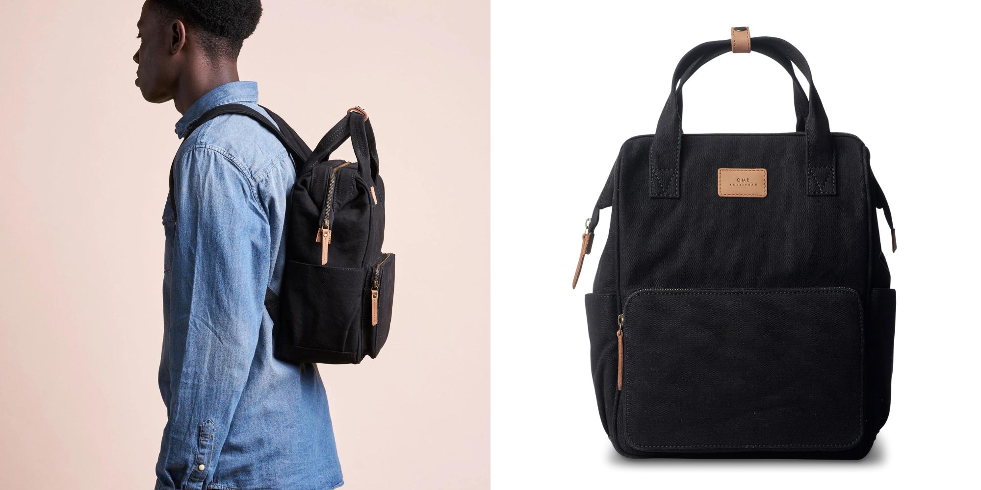 A black and camel organic cotton canvas and leather backpack by O My Bag.