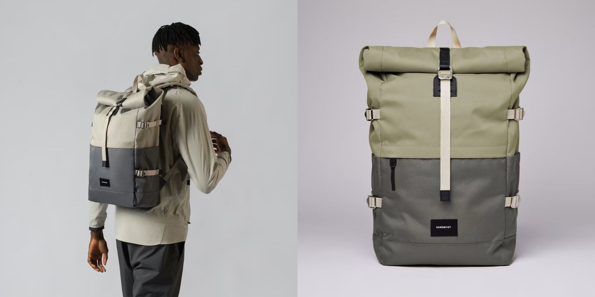 A light green and grey recycled polyester technical backpack made by Sandqvist.