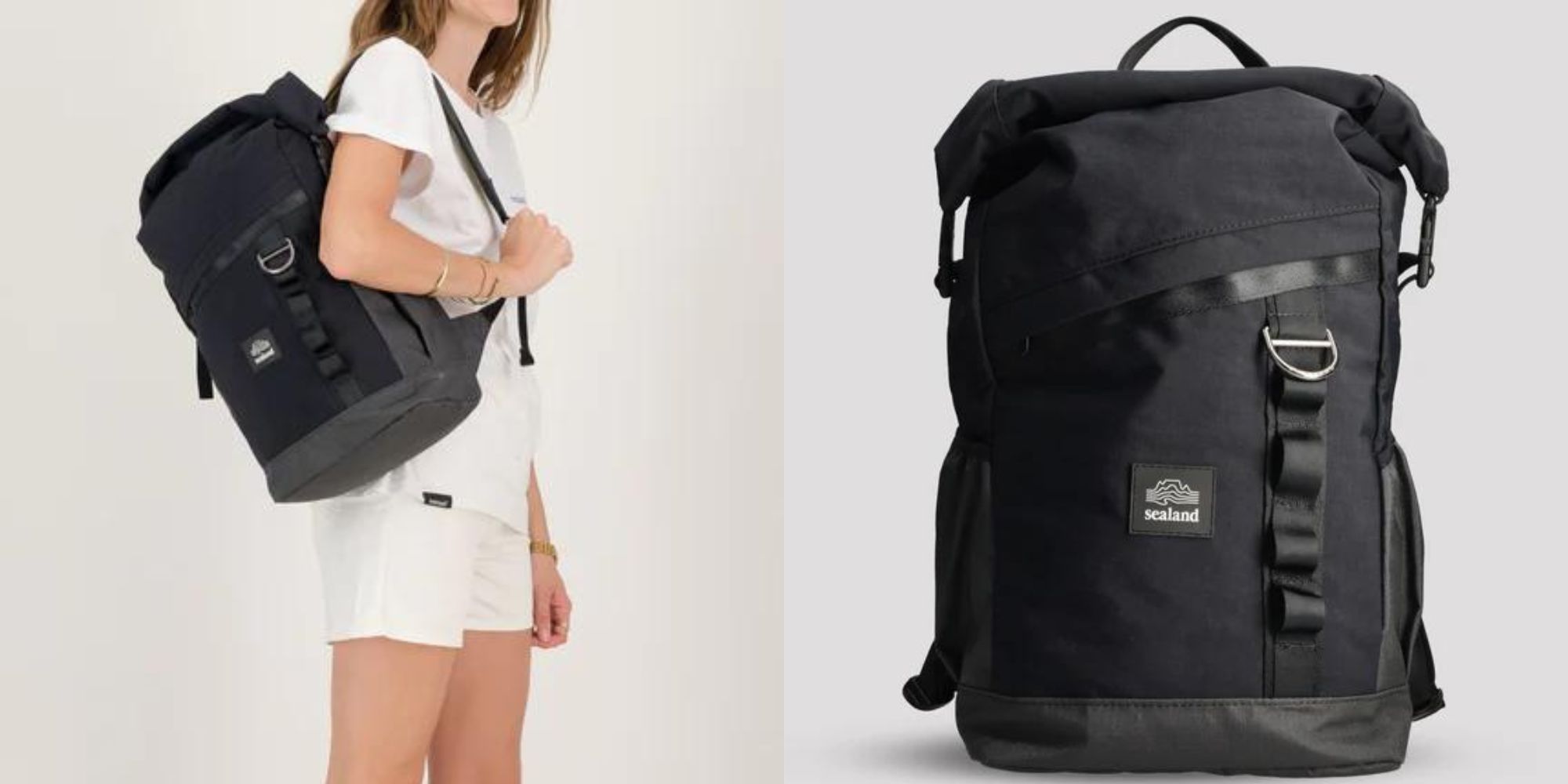 A black recycled nylon backpack for adventures, made by Sealand.