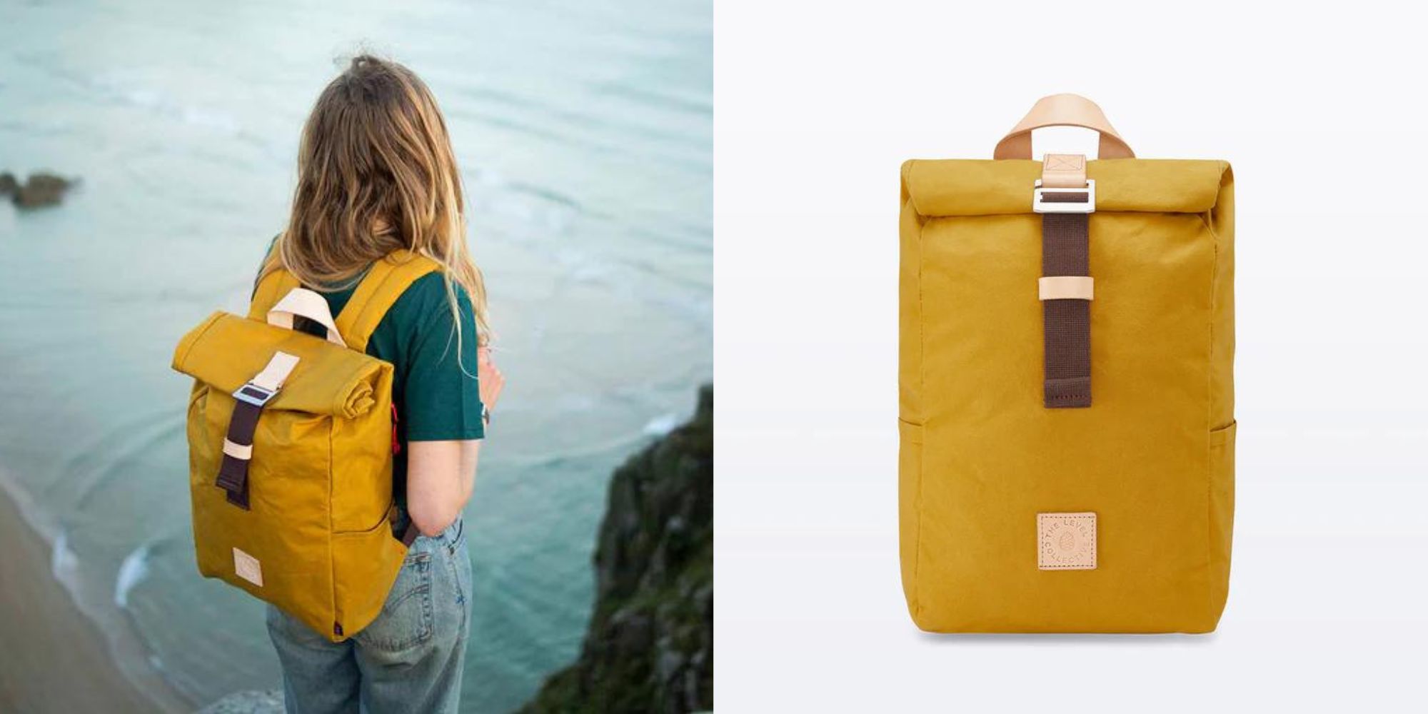 A mustard yellow responsibly-made roll-top backpack by The Level Collective.
