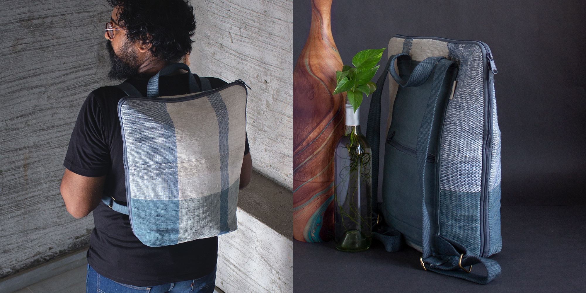 image of backpack strap inner side and someone wearing Nara backpack by Thela