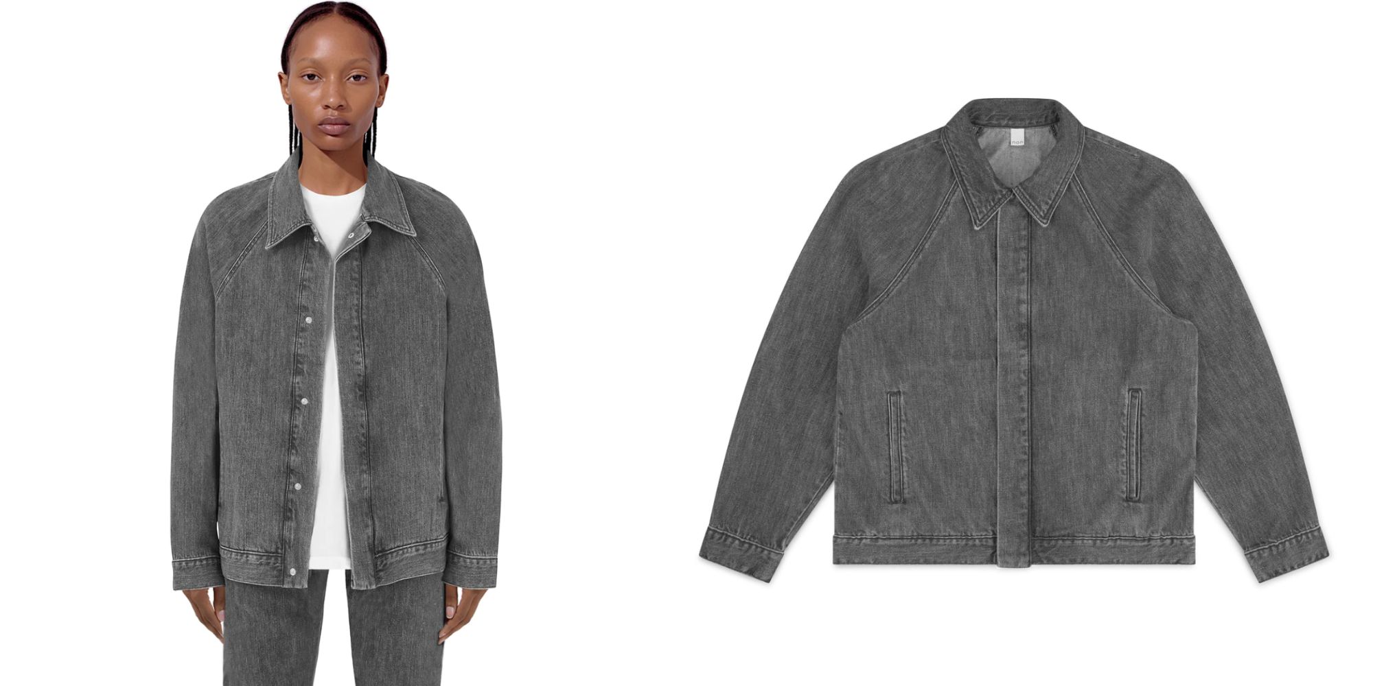 An oversized grey wash organic and recycled cotton denim jacket by Non.