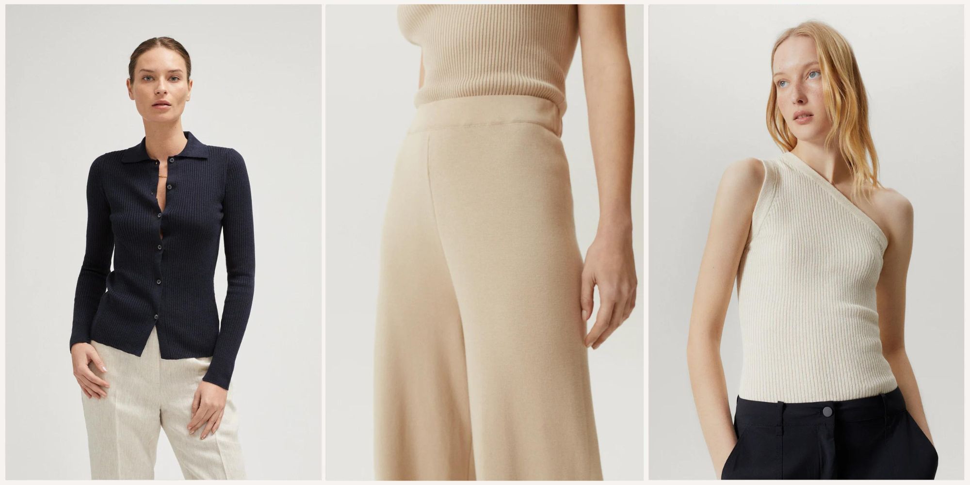 Three knitted basics in navy, sand, and cream responsibly-made by Artknit Studios.