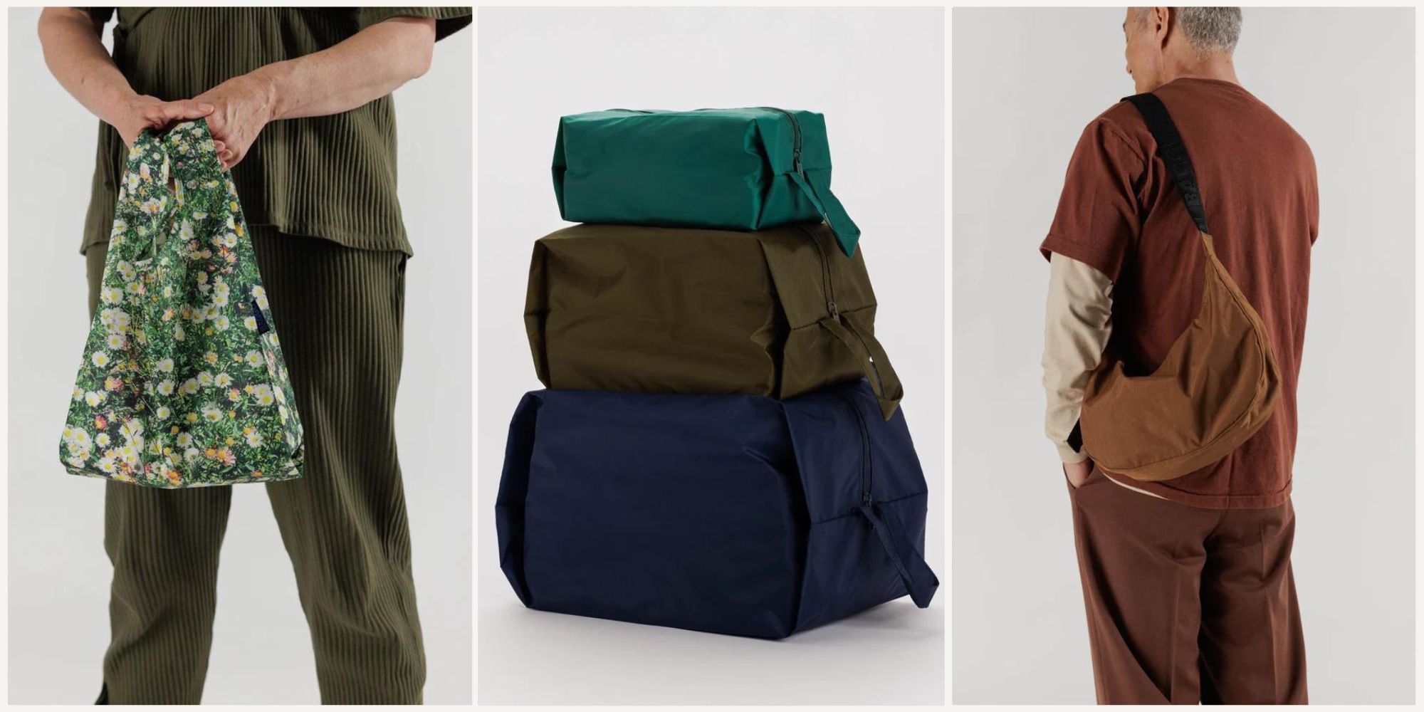 Three images of responsibly-made bags like Uniqlo's by BAGGU.