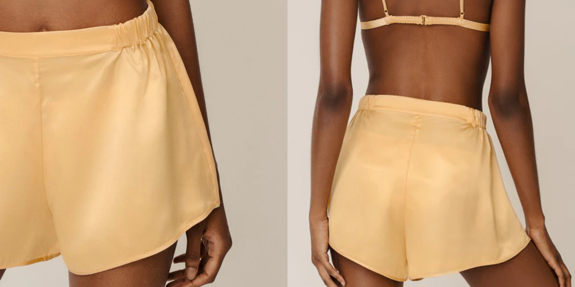 front and back view of yellow silk shorts by HERTH