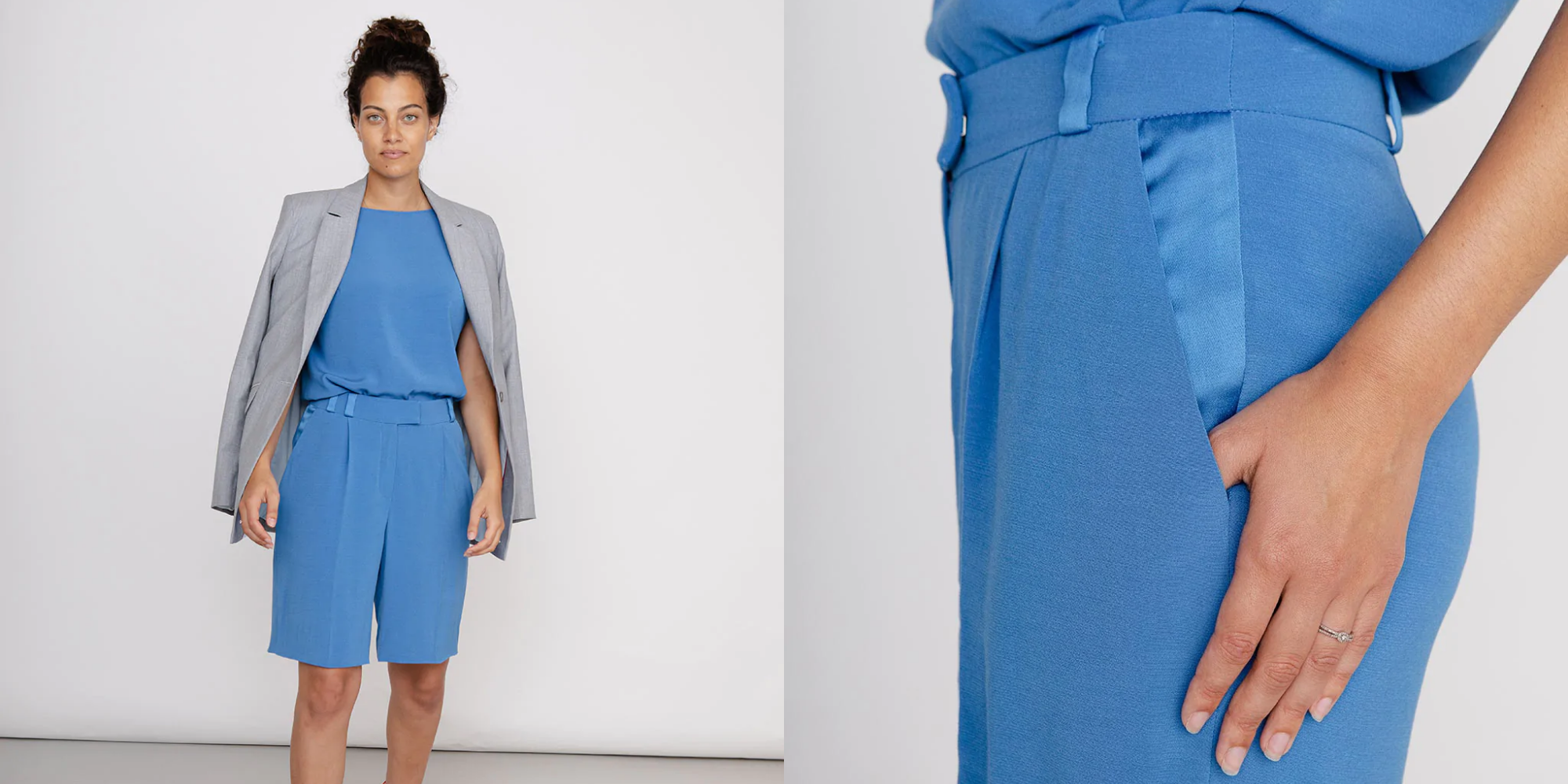 image of person in Breeze blouse, Breeze shorts and a blazer by Nina Rein and closer image of person in shorts