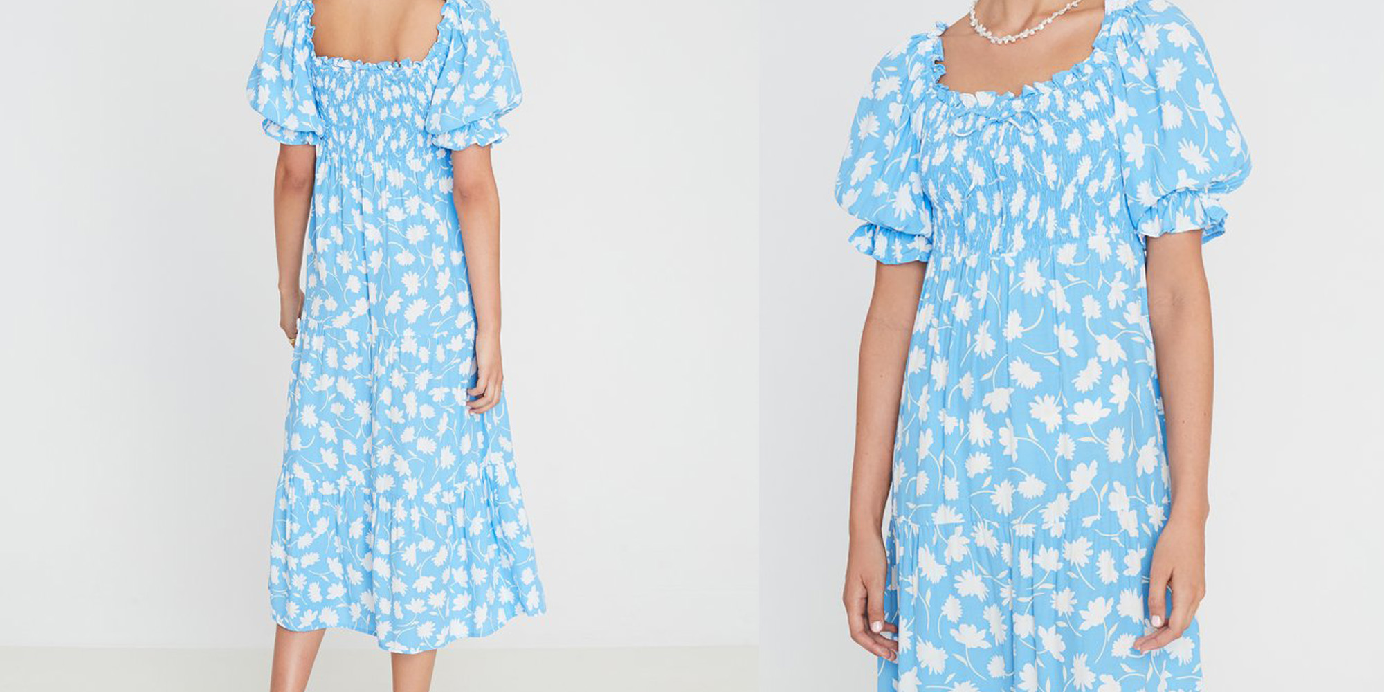 Woman in blue midi dress by Faithfull the Brand