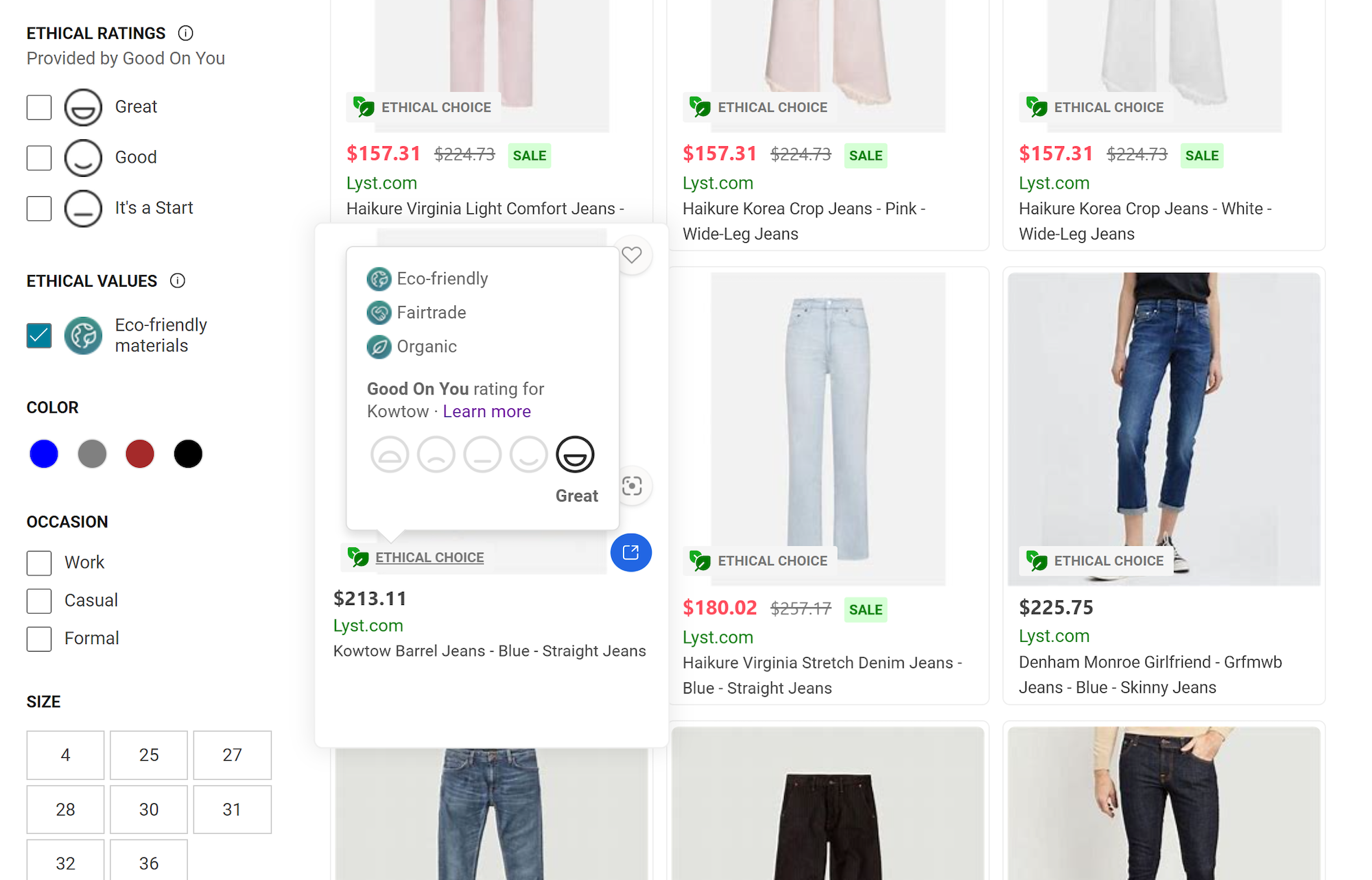 Screenshot of the ethical shopping filters, which let you filter products by their Good On You ratings directly in Microsoft Bing's search results