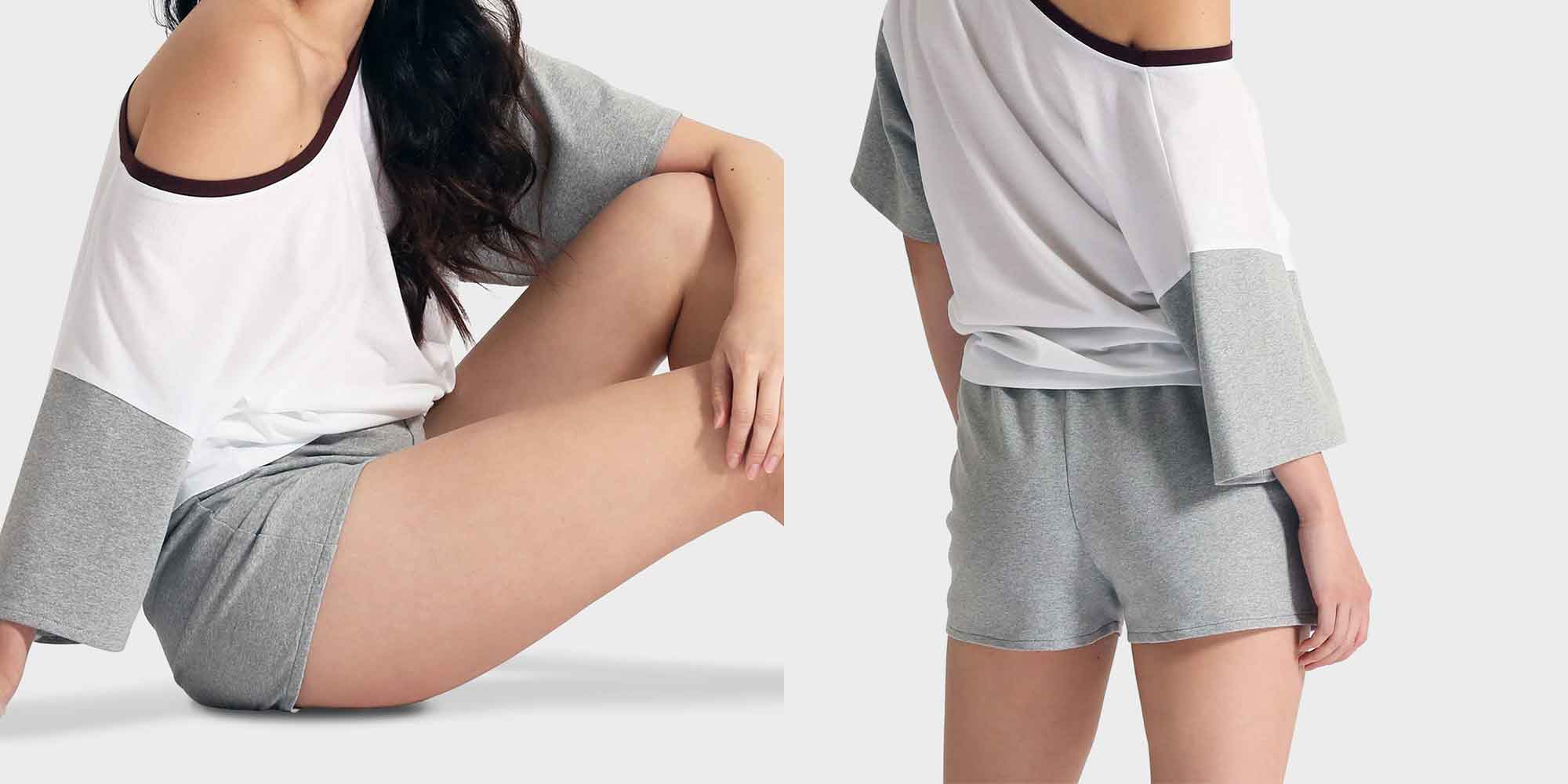 woman wearing light grey loungewear shorts by 337 brand