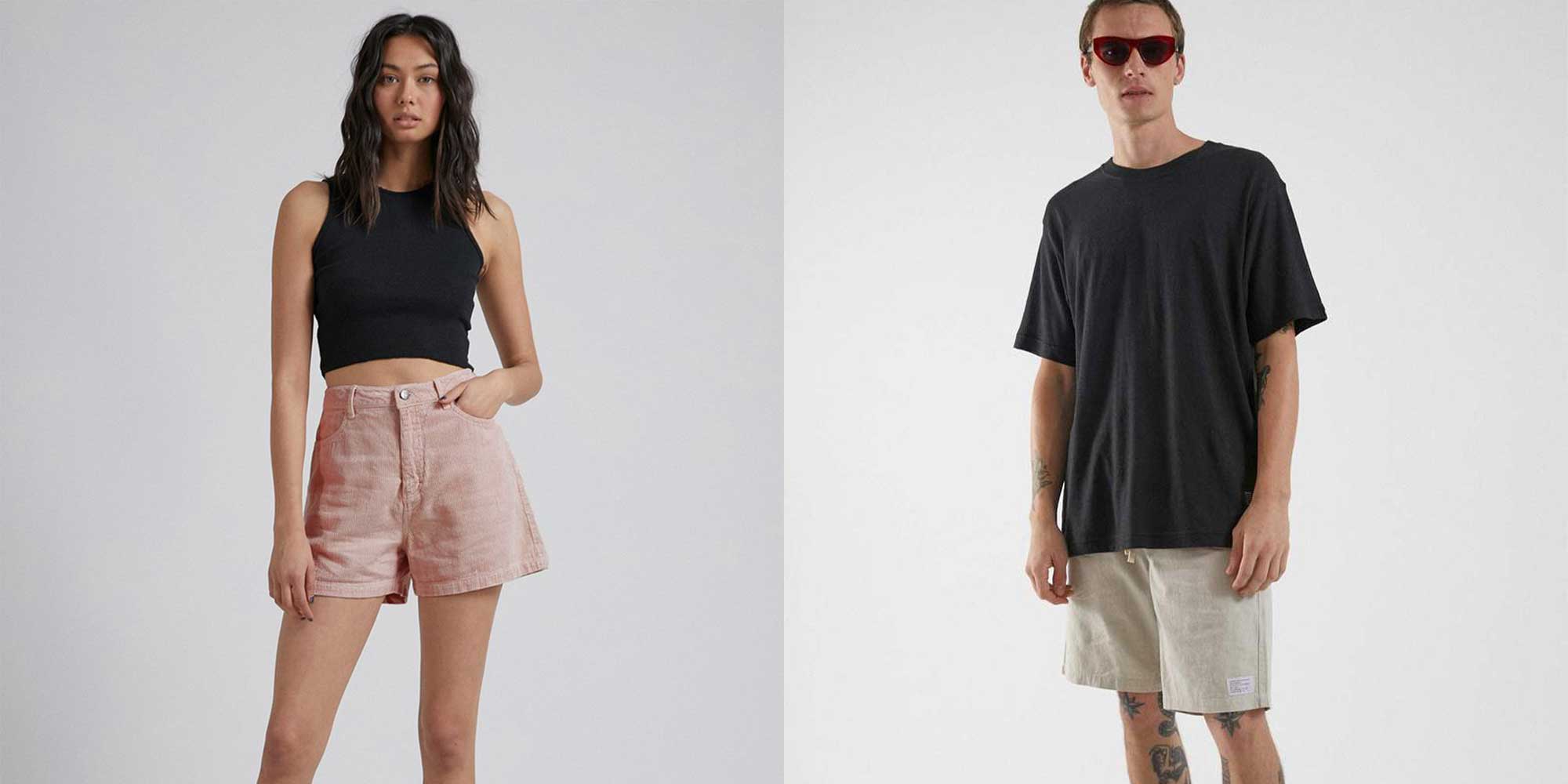woman wearing pink hemp corduroy shorts and man wearing beige hemp shorts by afends