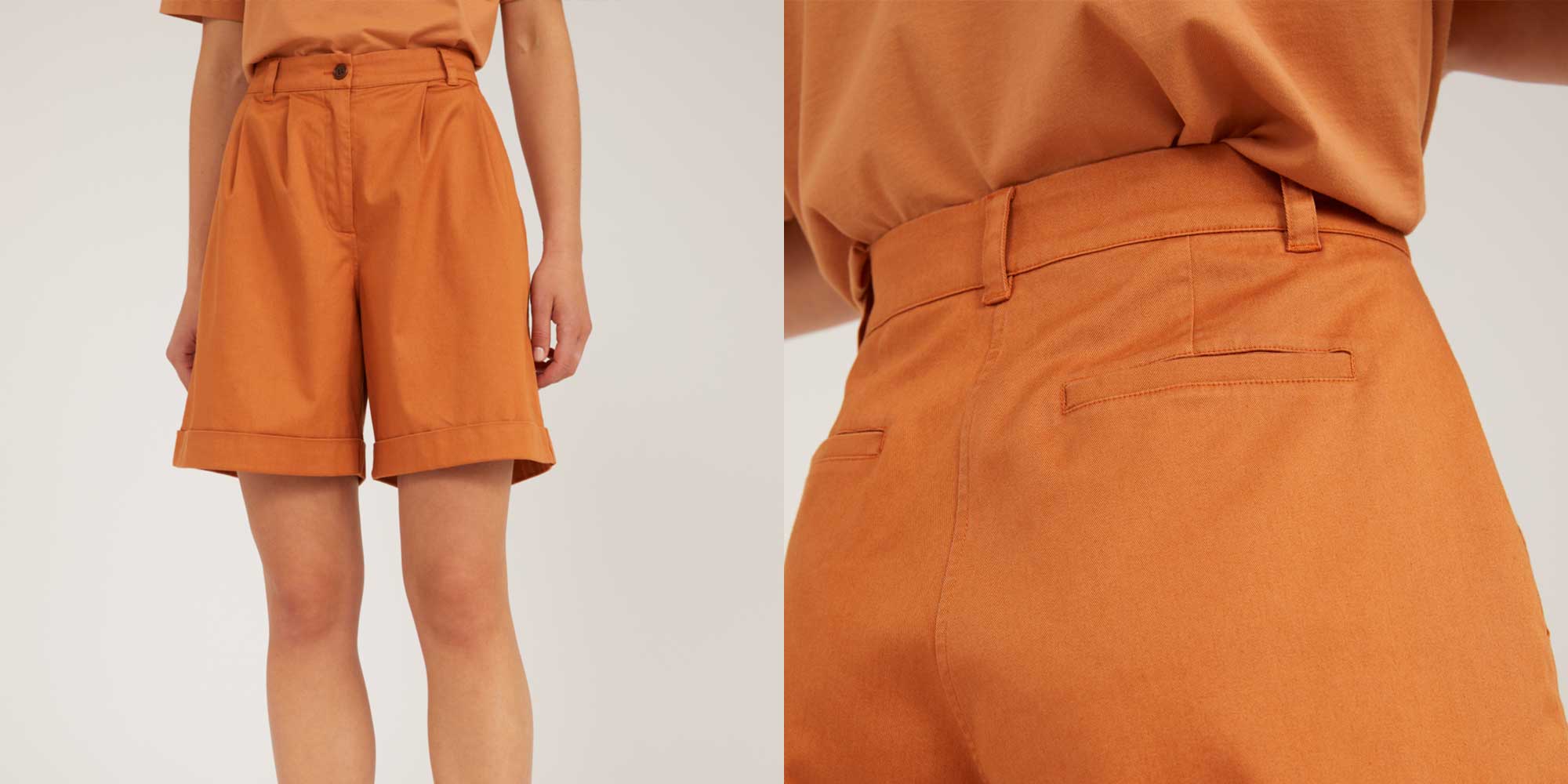 woman wearing smart orange bermuda by armedangels