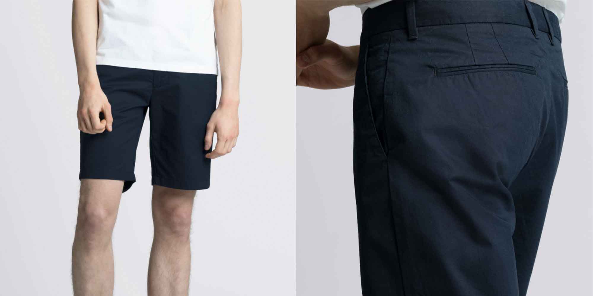 man wearing dark blue smart shorts by asket