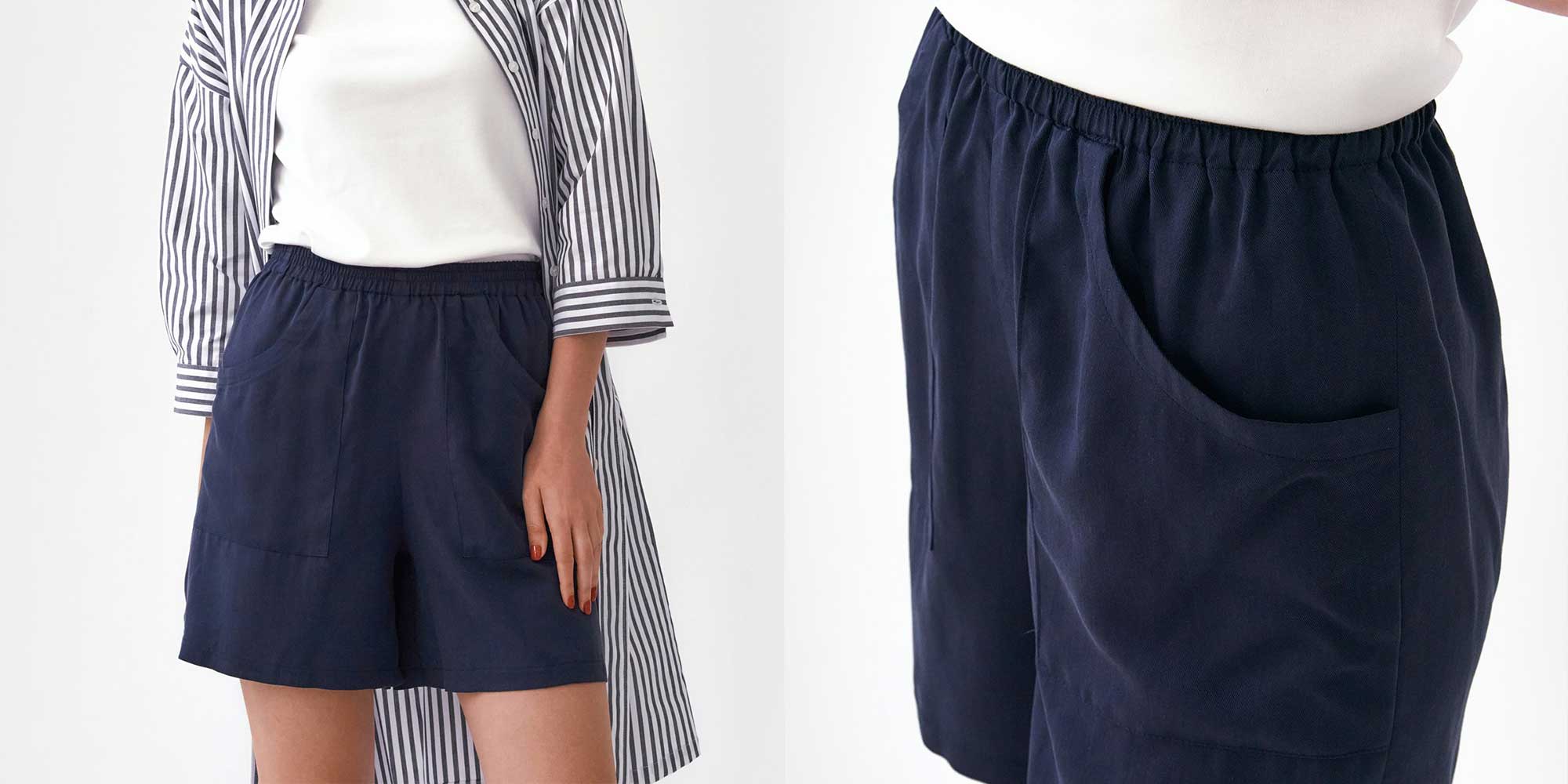 woman wearing dark blue shorts by mila vert