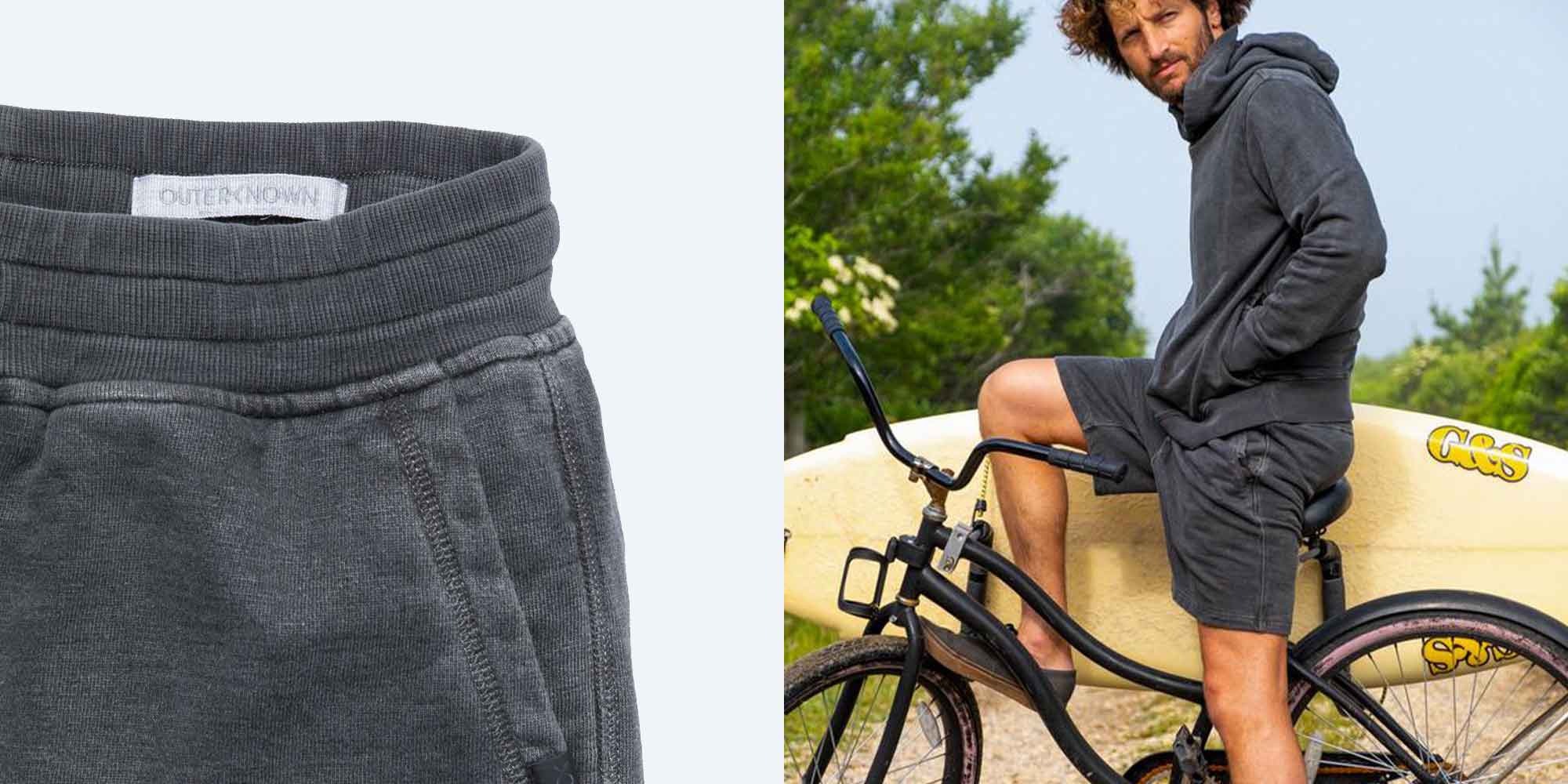 man wearing dark grey loungewear shorts by outerknown
