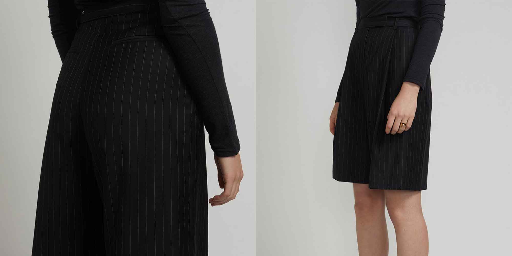 woman wearing smart black shorts by the r collective