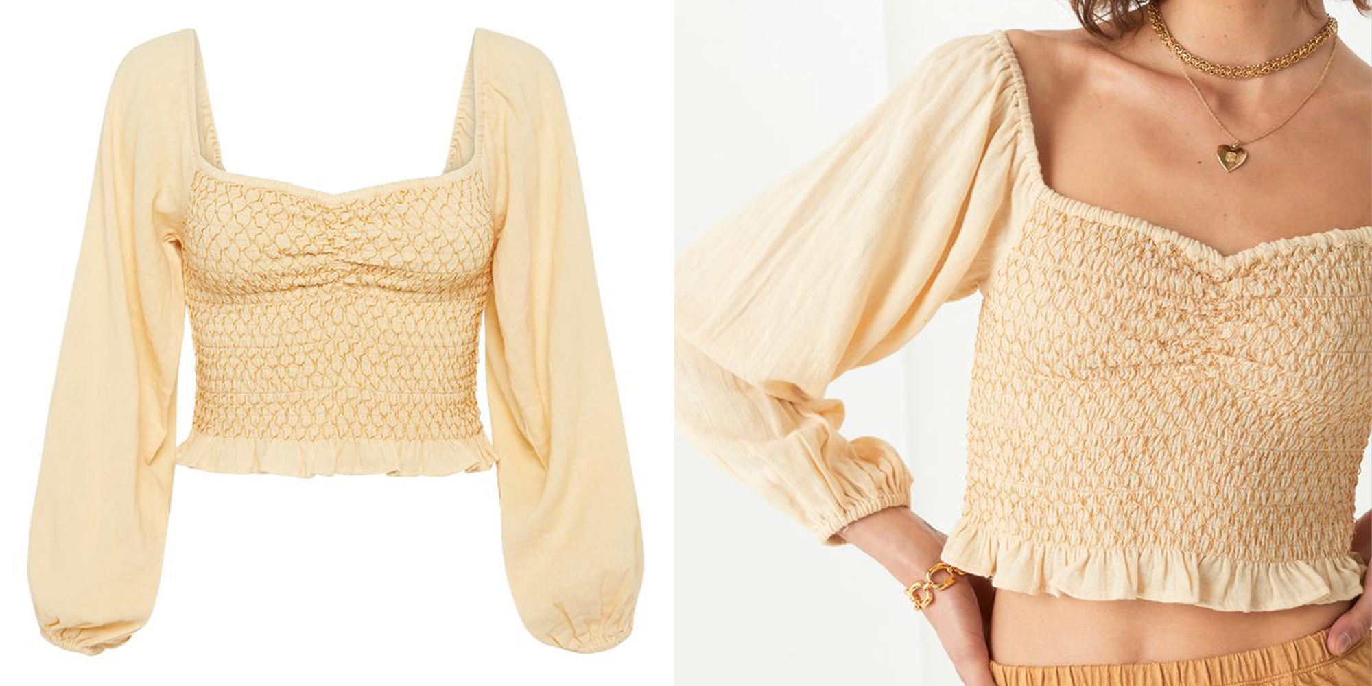 Woman in honey coloured Spell sustainable cottagecore blouse