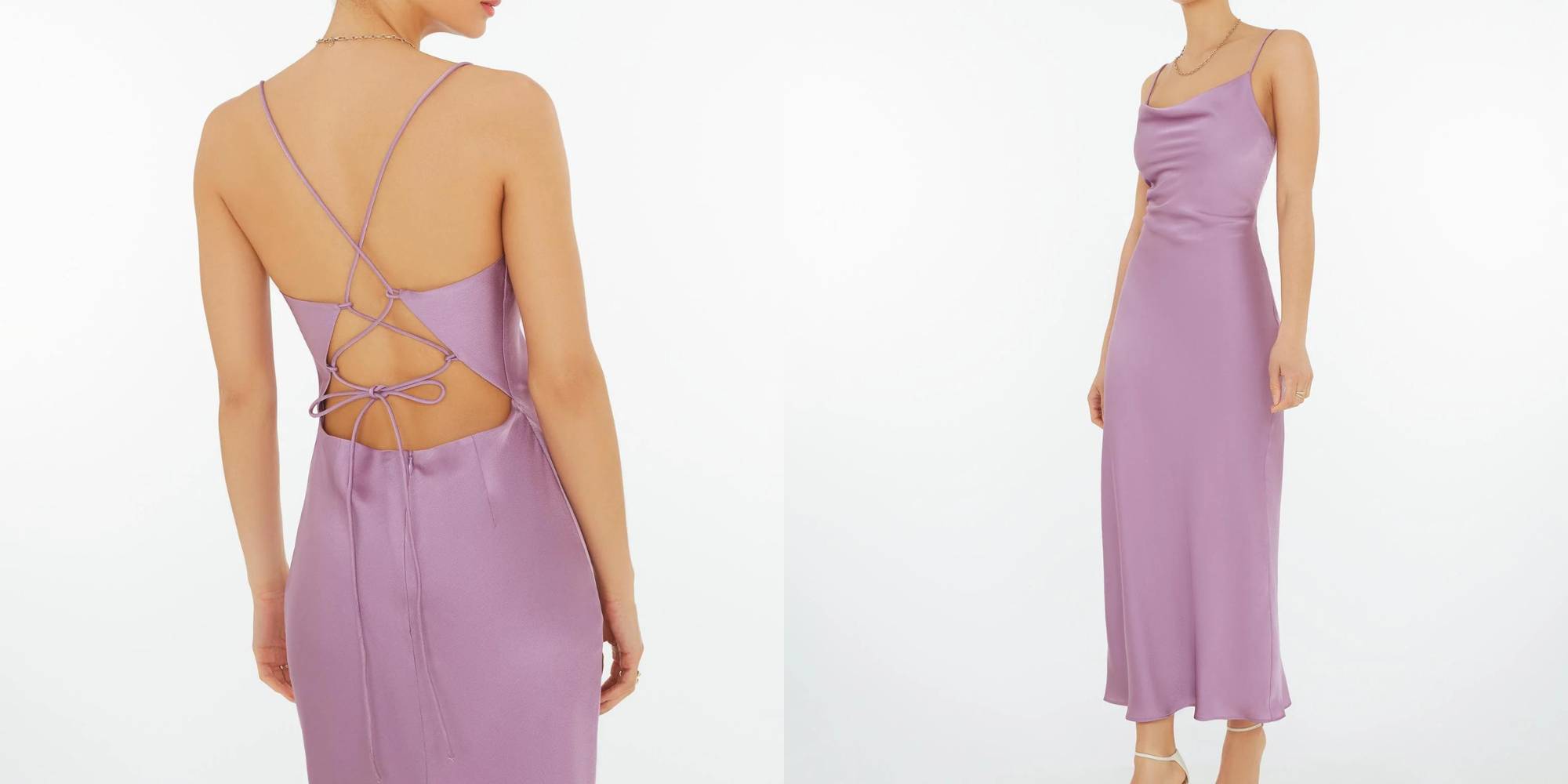A light lavender slip dress with lace back details by OMNES.