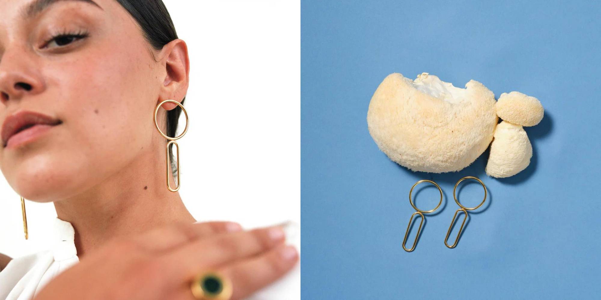 A pair of gold drop earrings by Raven + Lily.