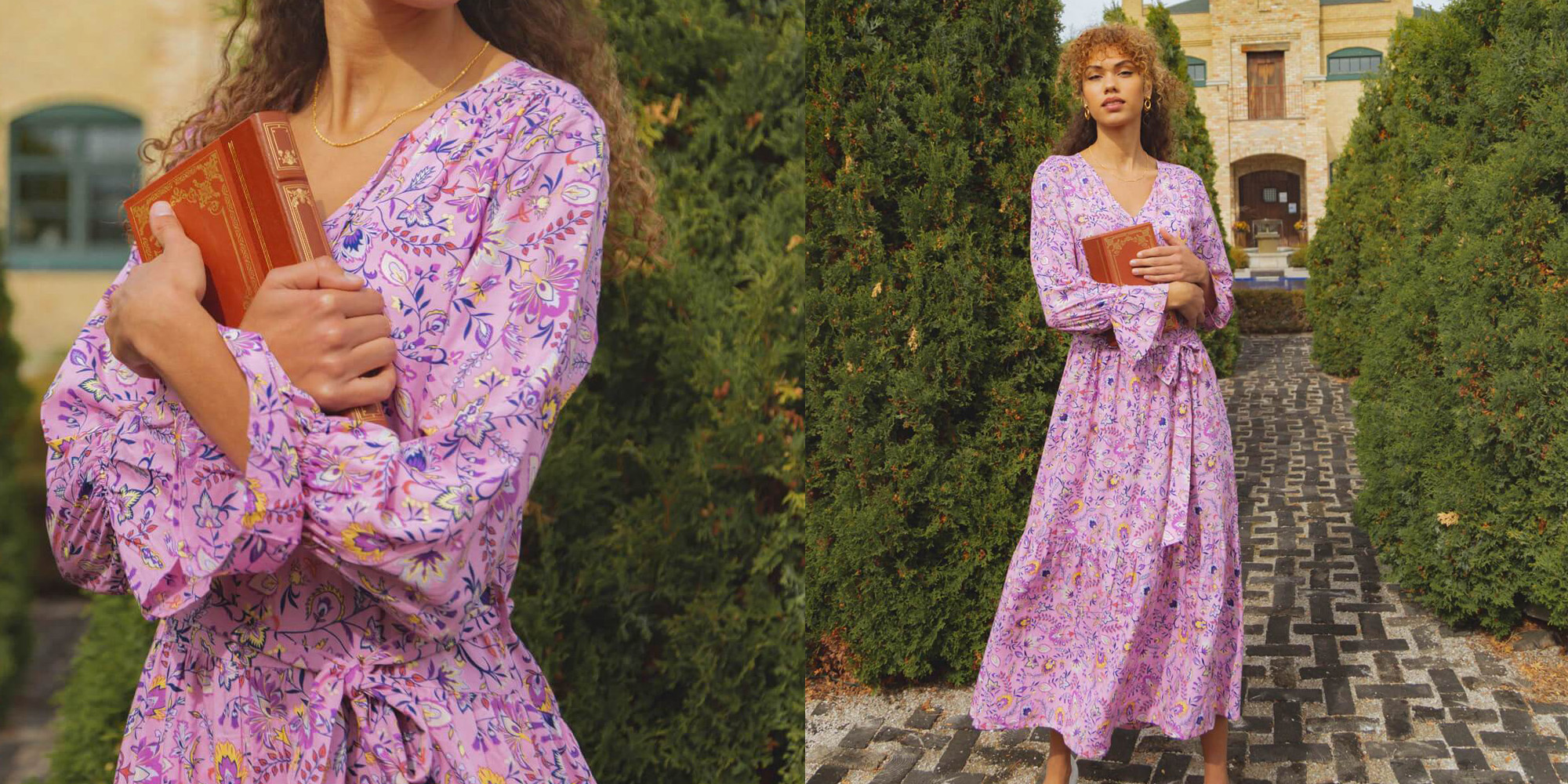 Woman in floral cottagecore style dress by Tamga Designs