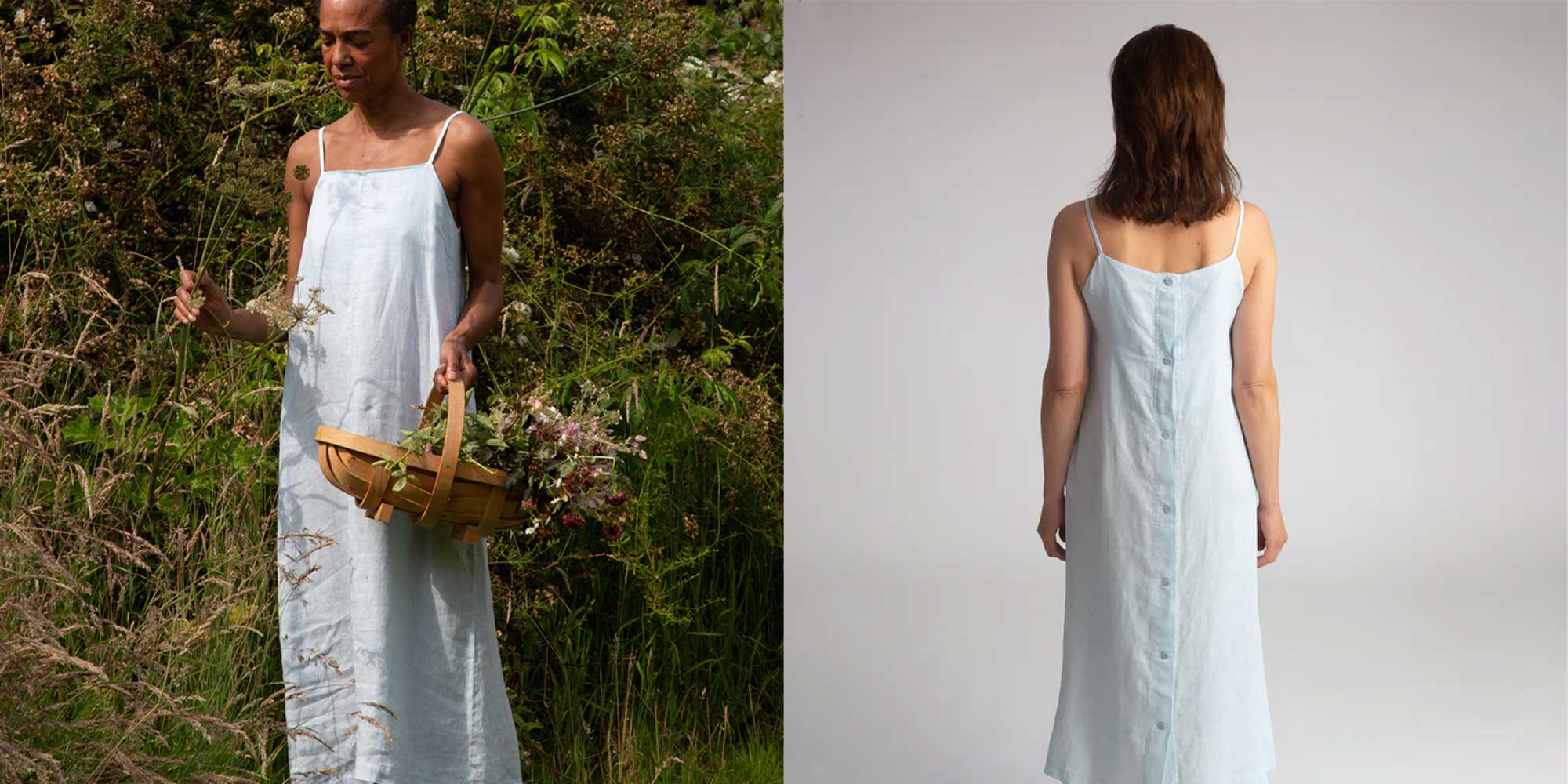 A pale blue linen slip wedding dress by Beaumont Organic.