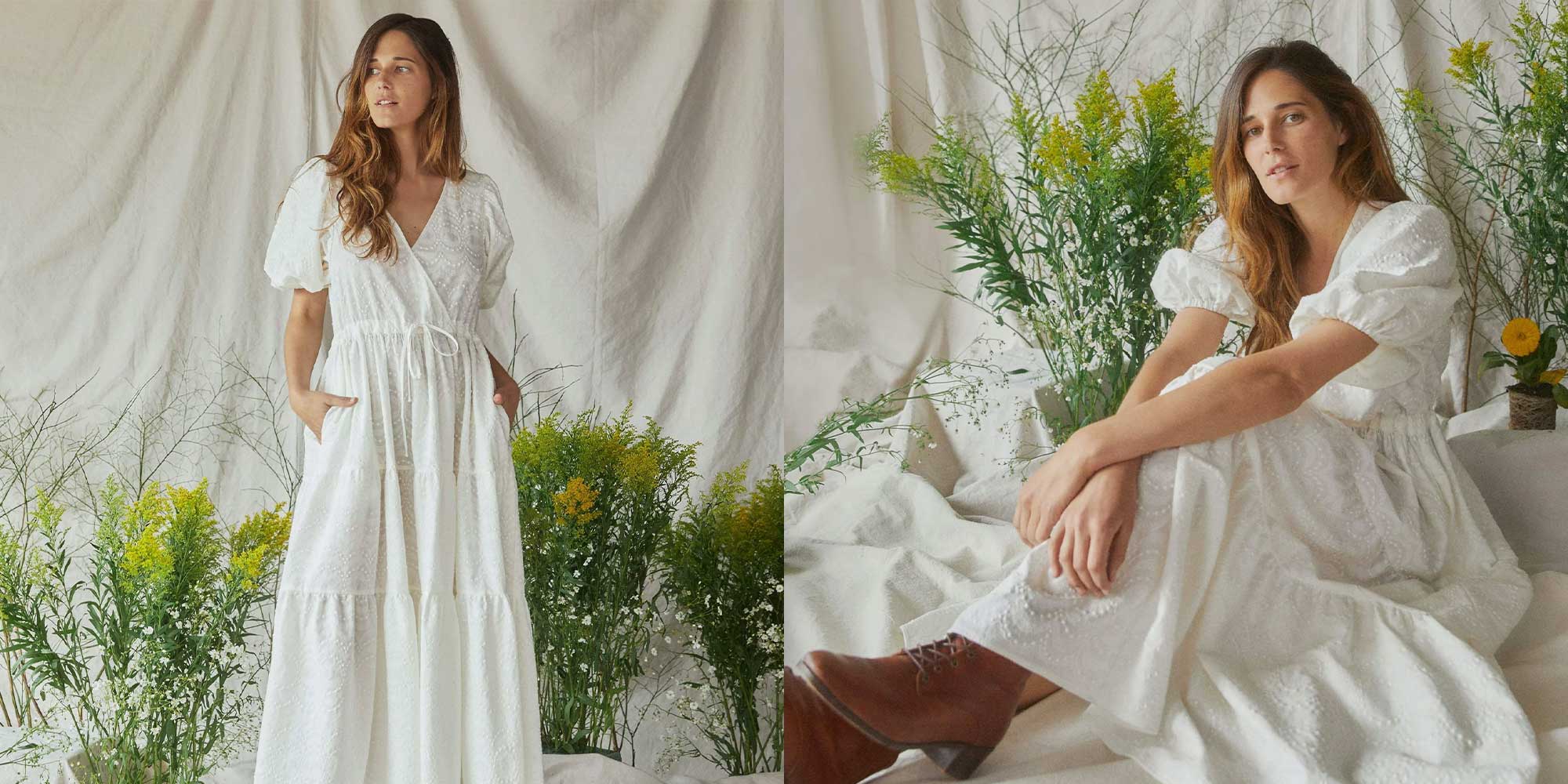 An ethical long wedding dress with short balloon sleeves by Christy Dawn.
