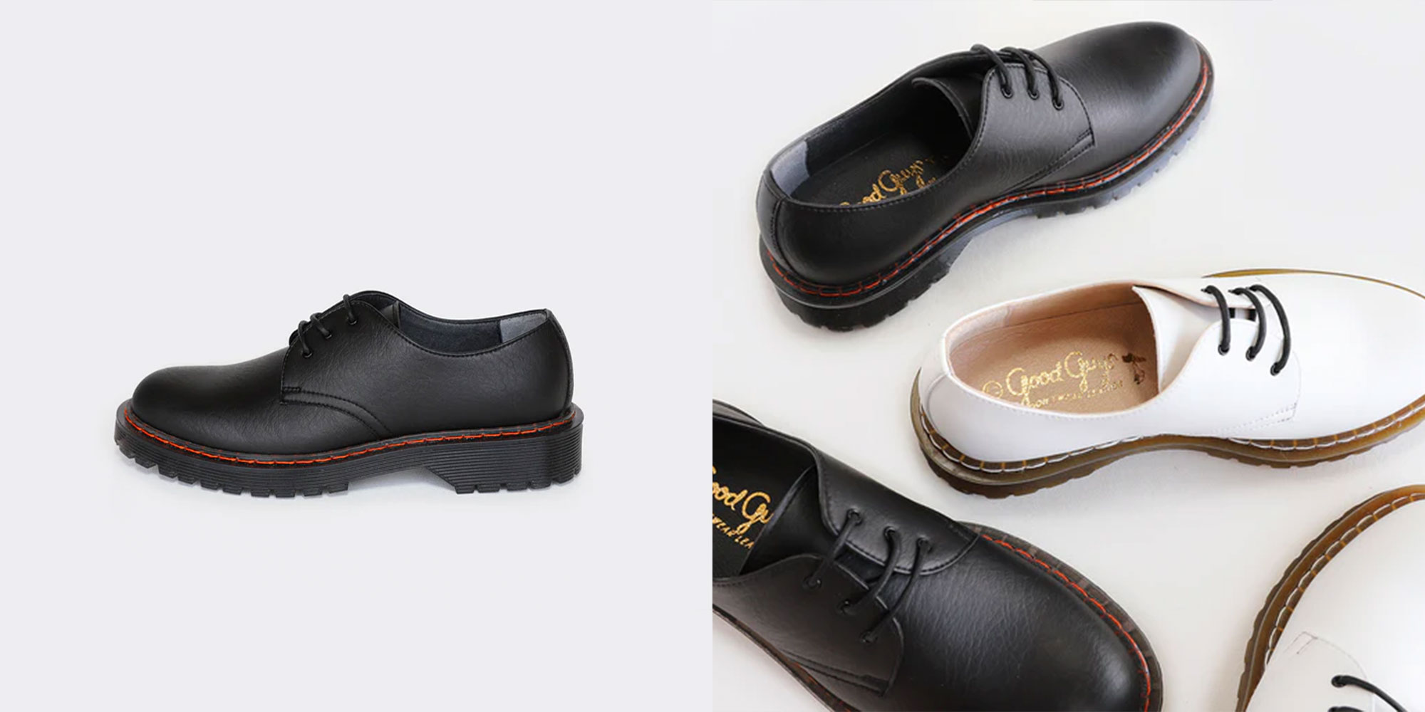 A pair of black vegan Oxford shoes by Good Guys.