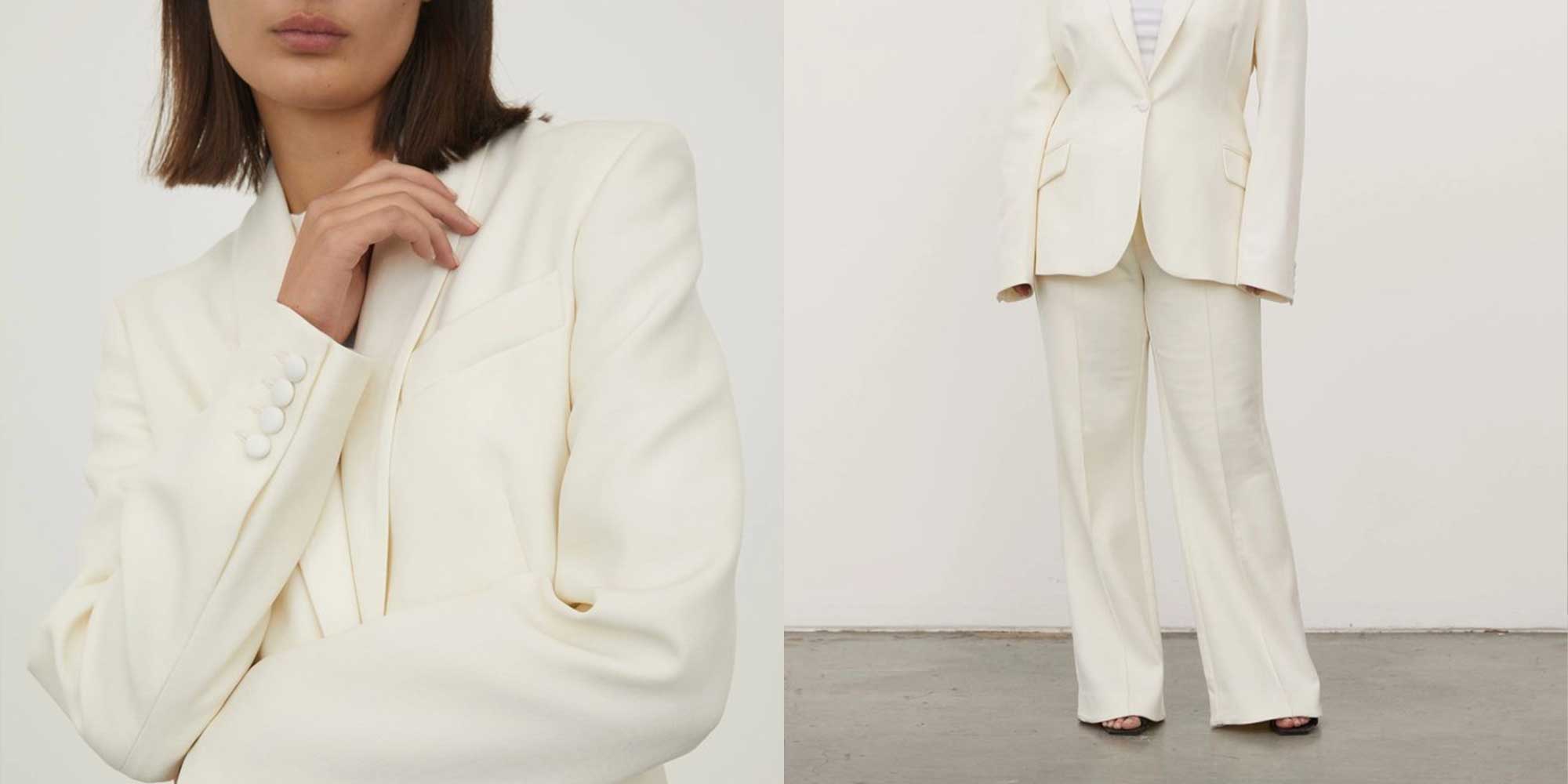 A white blazer and wide legged pants by Maggie Marilyn.