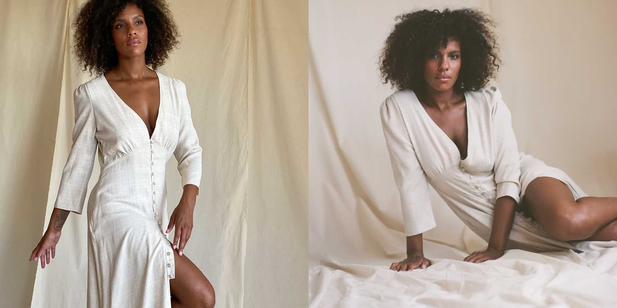 A beige plaid patterned long wedding dress by Taiyo.