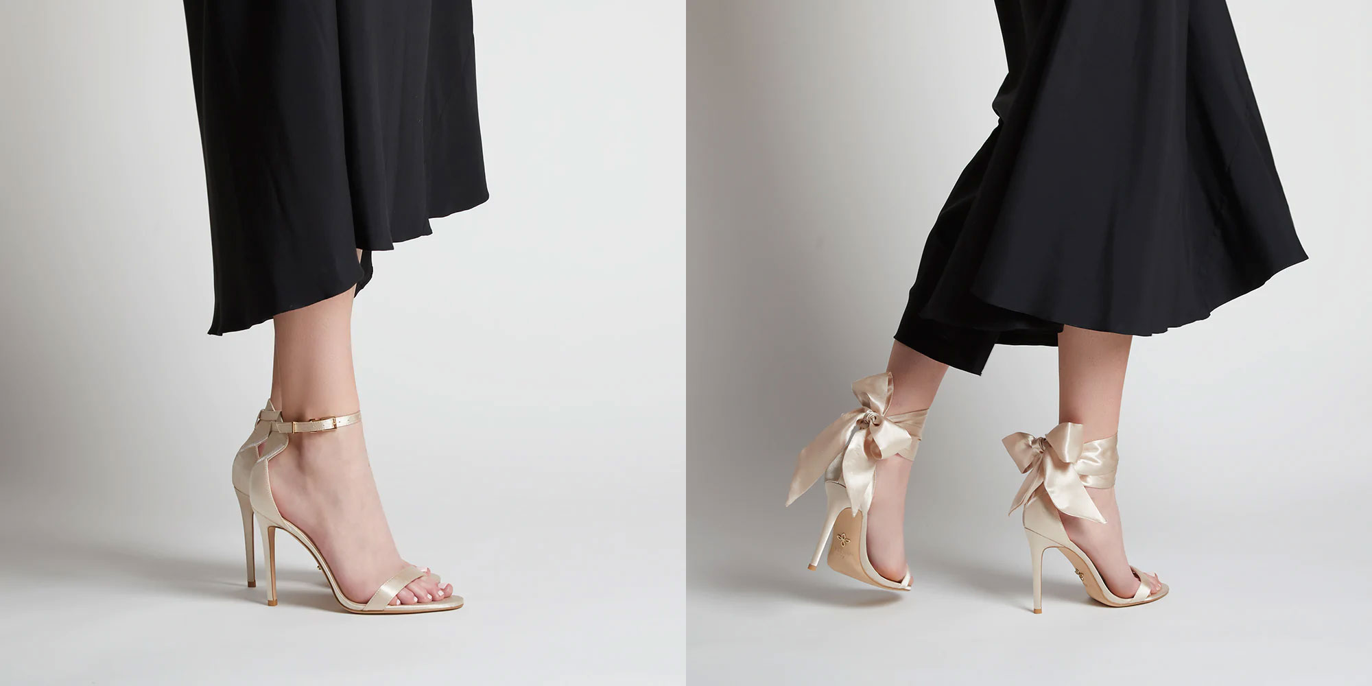 A pair of gold high heels with an ankle bow.