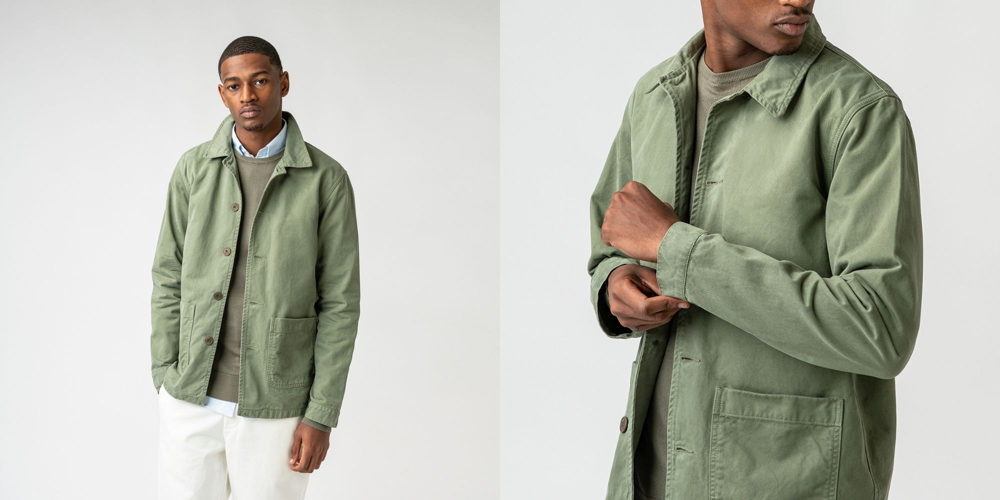 black man wearing green sustainable unisex work jacket by ISTO