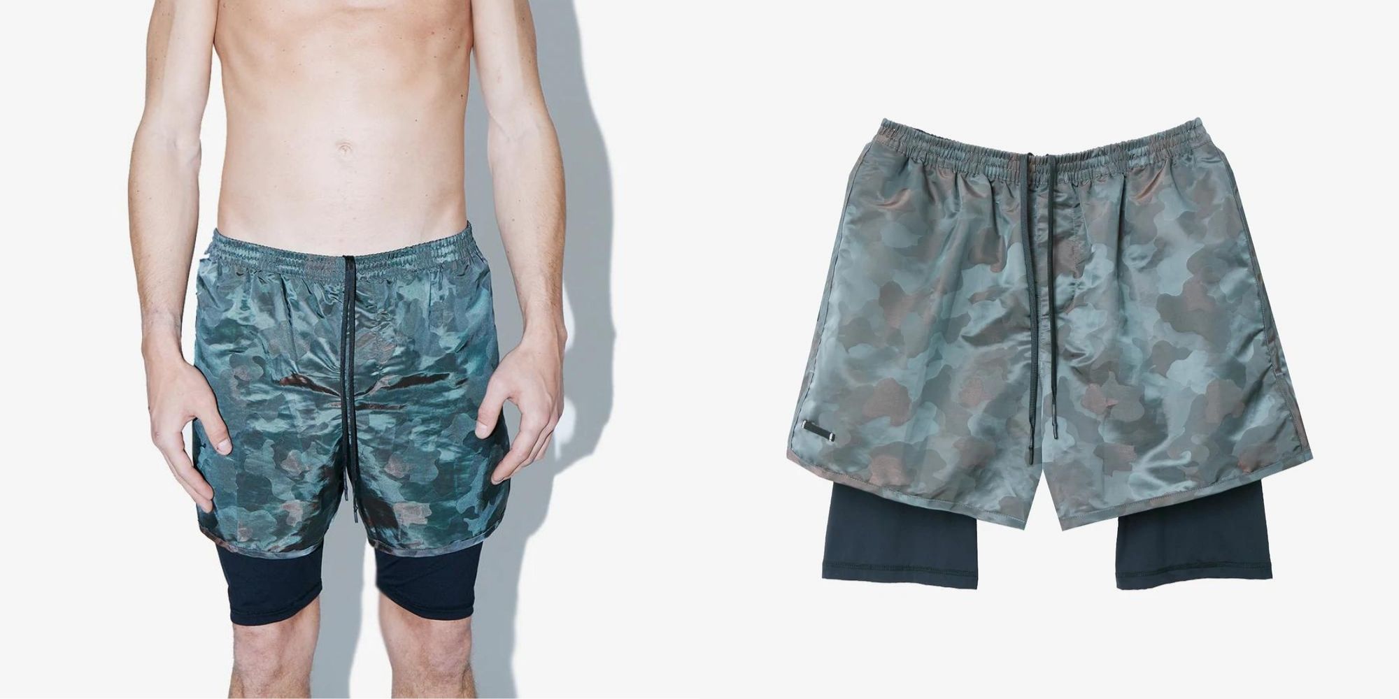 Someone wearing camo print active shorts with built in short active tights made by True Tribe.