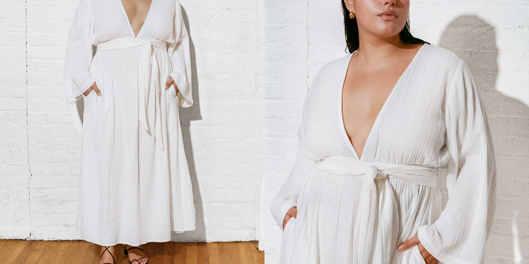 A long sleeve wrap white linen dress by Mara Hoffman.