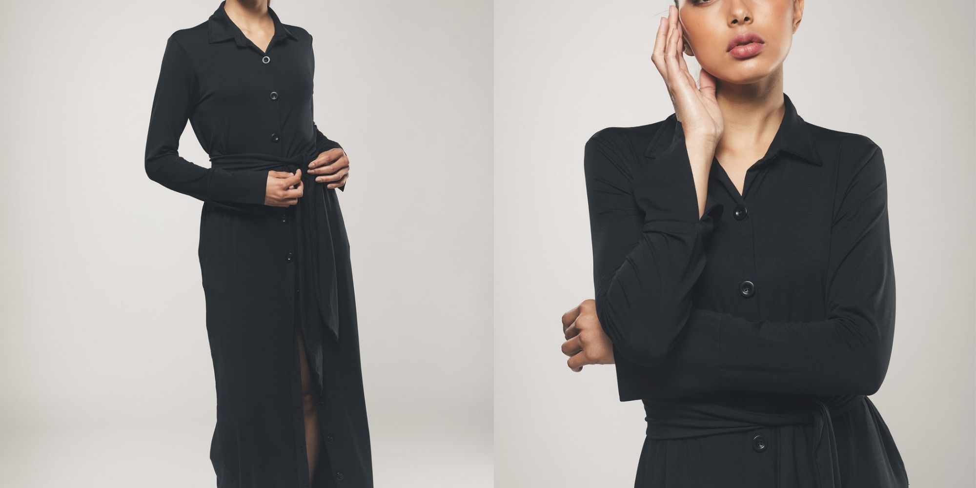 Someone modelling a black maxi shirt dress by Organique.
