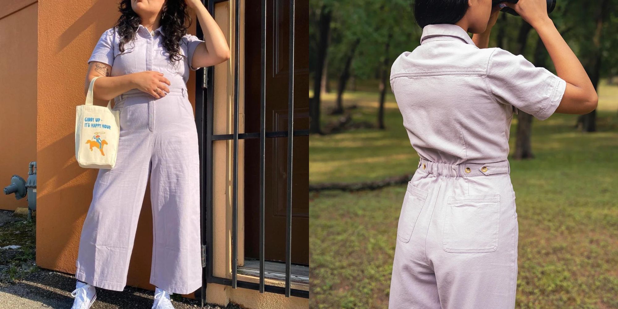 A lavender cotton canvas short sleeved jumpsuit by Harper Sage.