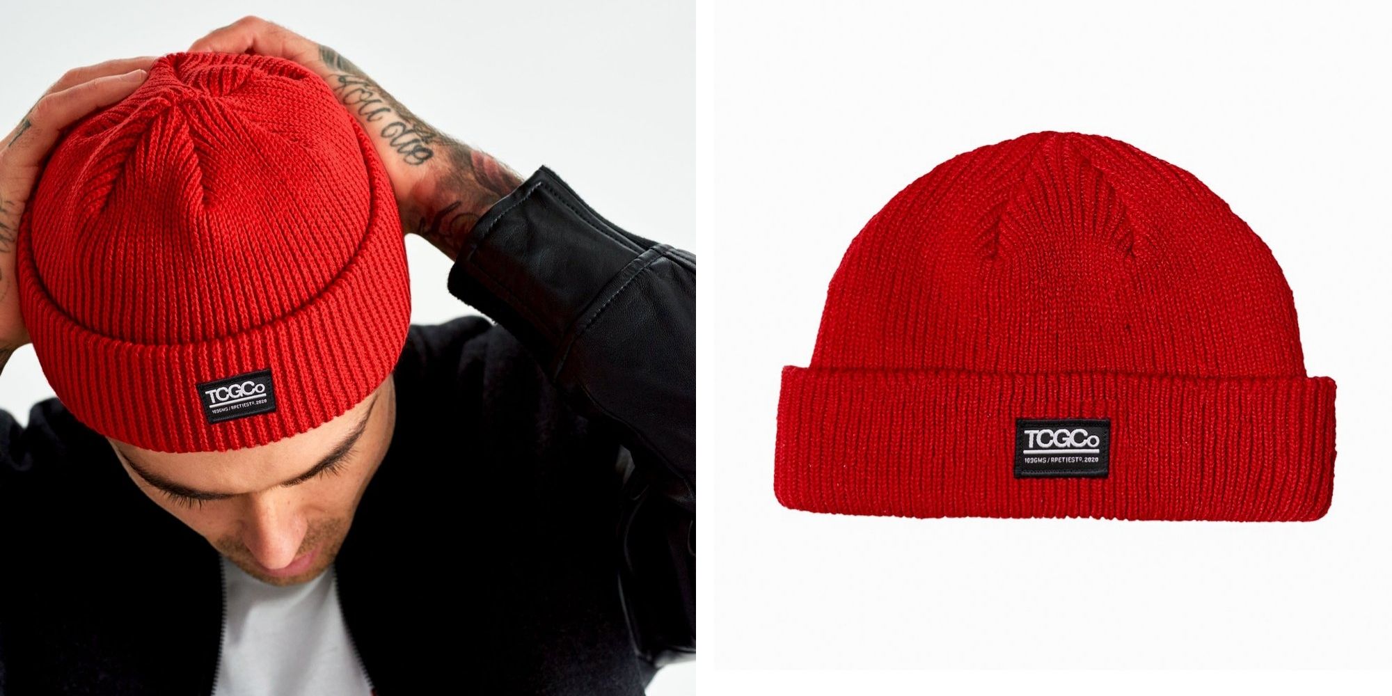 man wearing red beanie made from recycled materials by The Common Good Company