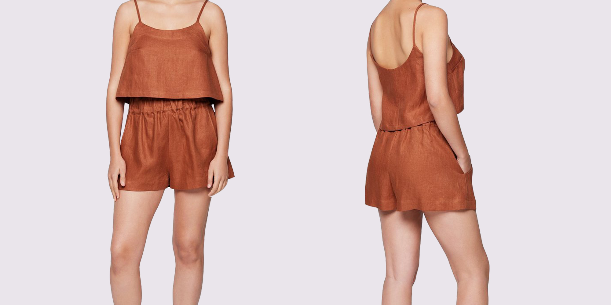 Woman in BONDI BORN's rust coloured sustainable crop