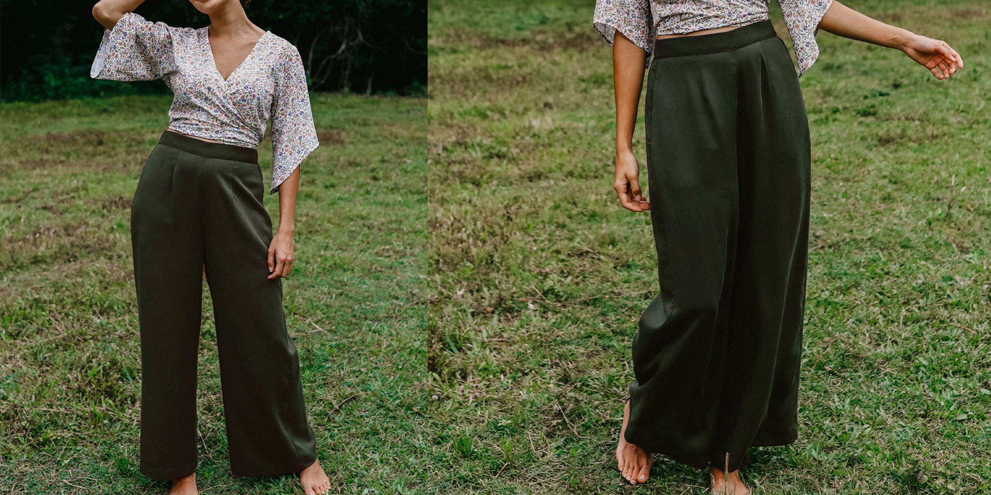 Woman in sustainable wide leg silky pants by Tasi Travels