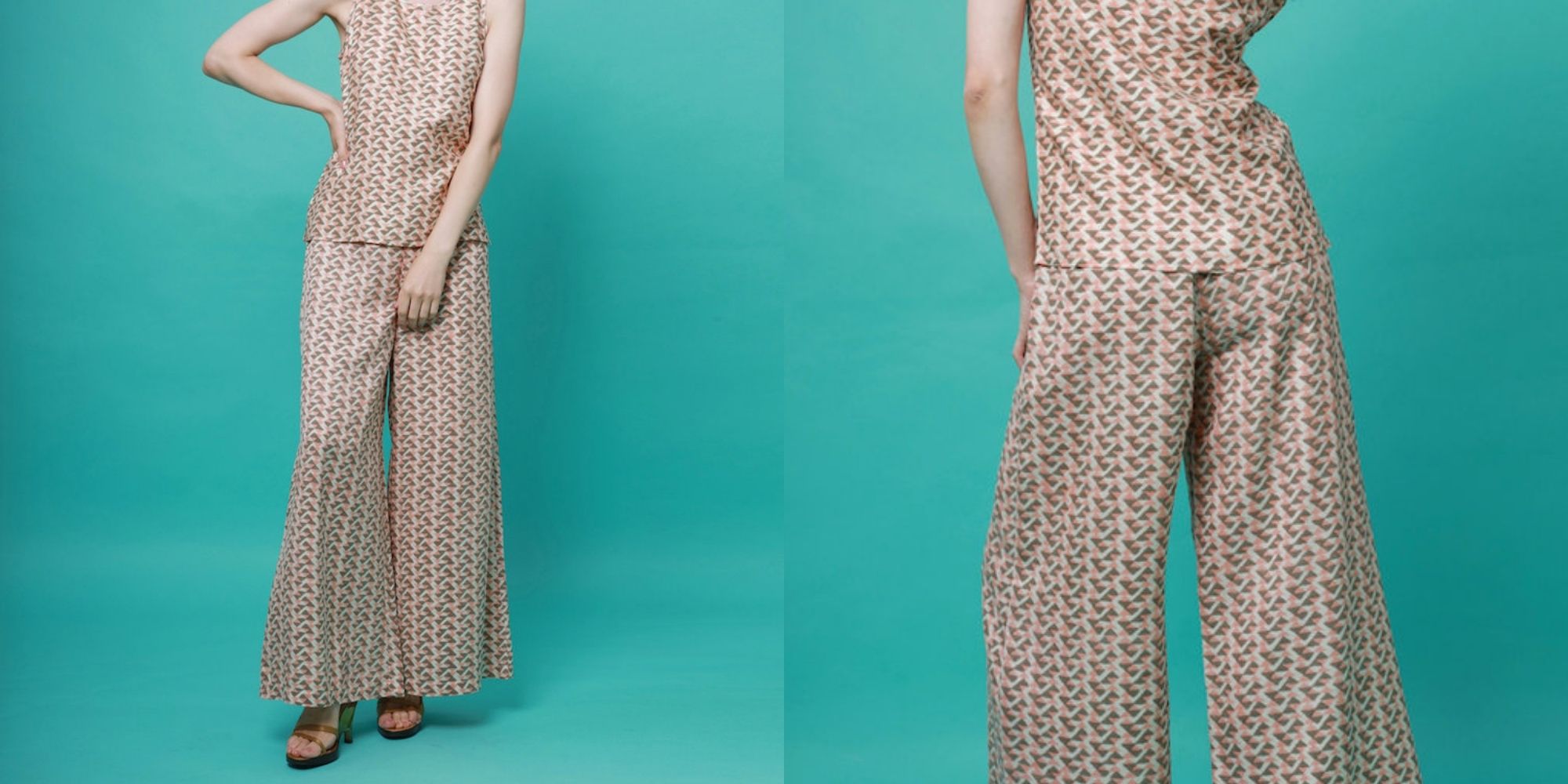 Woman in ethical silky pants by The Ethical Silk Company